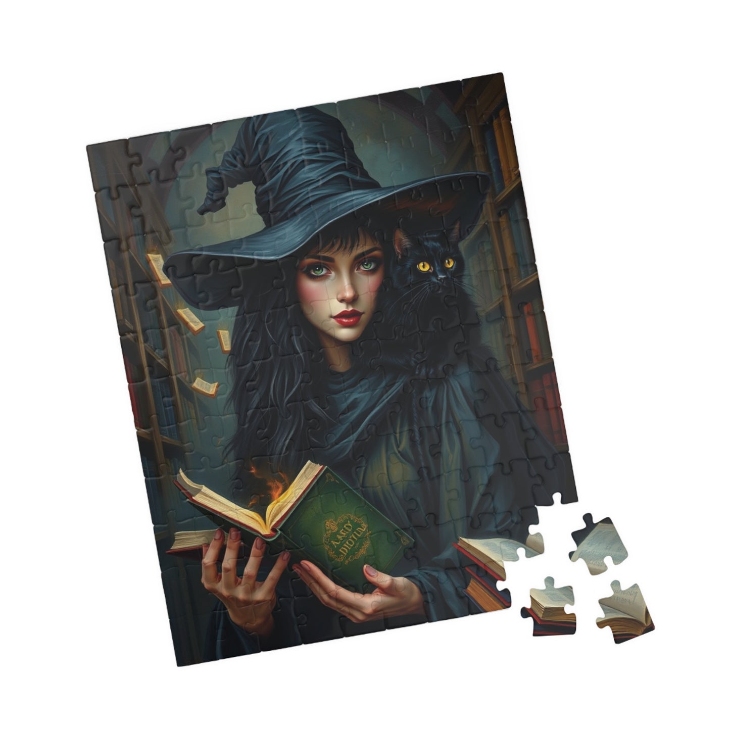 Gothic Witch Puzzle, 110, 252, 520, 1014-Piece Black Cat Dark Library Jigsaw Game for Adults, Halloween Decor, Unique Gift, Witchcraft Art Puzzle The Puzzle Chest