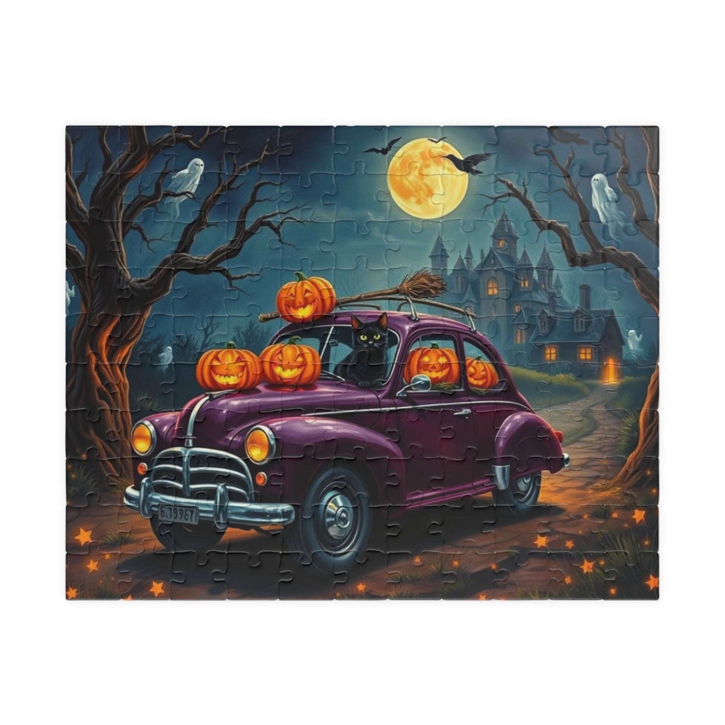 Halloween-Themed Vintage Car Jigsaw Puzzle with Cats, Ghosts and Pumpkins