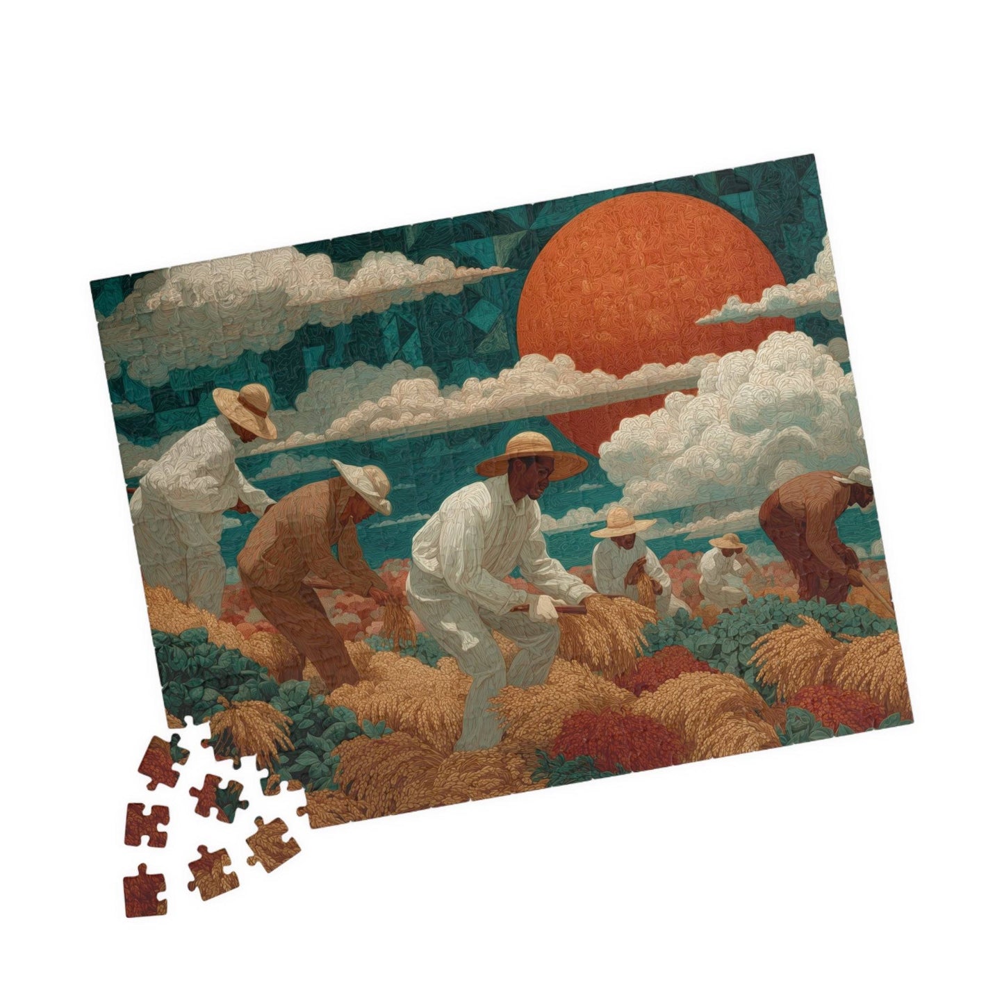 Afrocentric Black Art Jigsaw Puzzle - Sharecroppers in Golden Fields with Quilt-Pattern Sky 252 pcs (Horizontal) Puzzle The Puzzle Chest