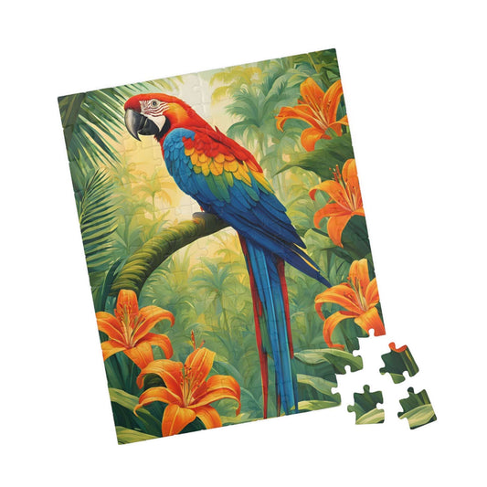 Colorful Parrot Puzzle, Tropical Jungle and Tiger Lilly Flower Scene, Nature-Inspired Jigsaw Game, Best Unique Bird Lover Gift, Mindfulness 110 pcs (Vertical) Puzzle The Puzzle Chest