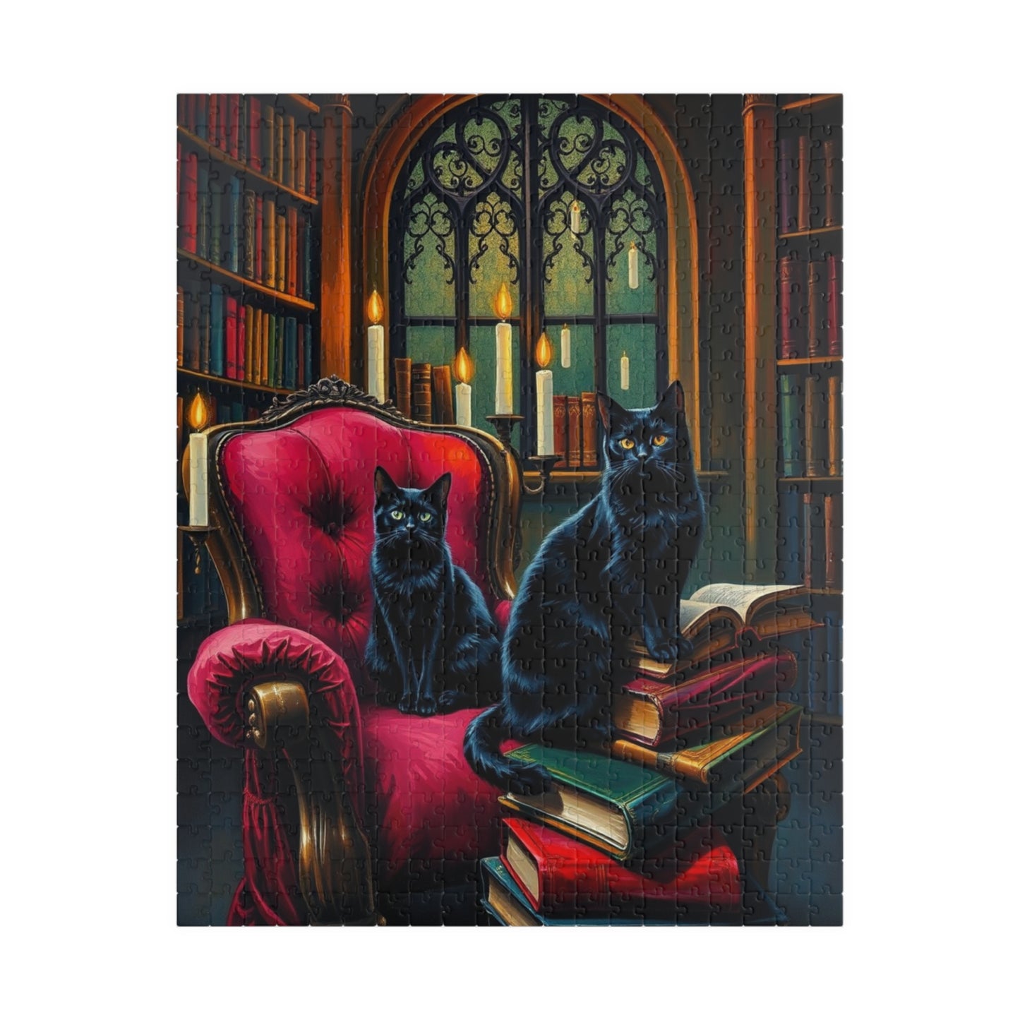Black Cat Bookshelf Gothic Puzzle, Cozy Kittens in Library Study Room, Family Activity or Solo Fun, Pet Themed Puzzle, Animal Lover Gift 520 pcs (Vertical) Puzzle The Puzzle Chest
