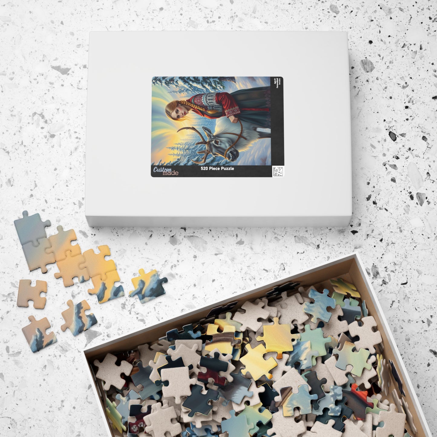 Nordic Cultural Winter Jigsaw Puzzle, Woman Guiding Reindeer Northern Lights, Sami Attire Snowy Forest, Best Unique Gift for Puzzle Lover Puzzle The Puzzle Chest