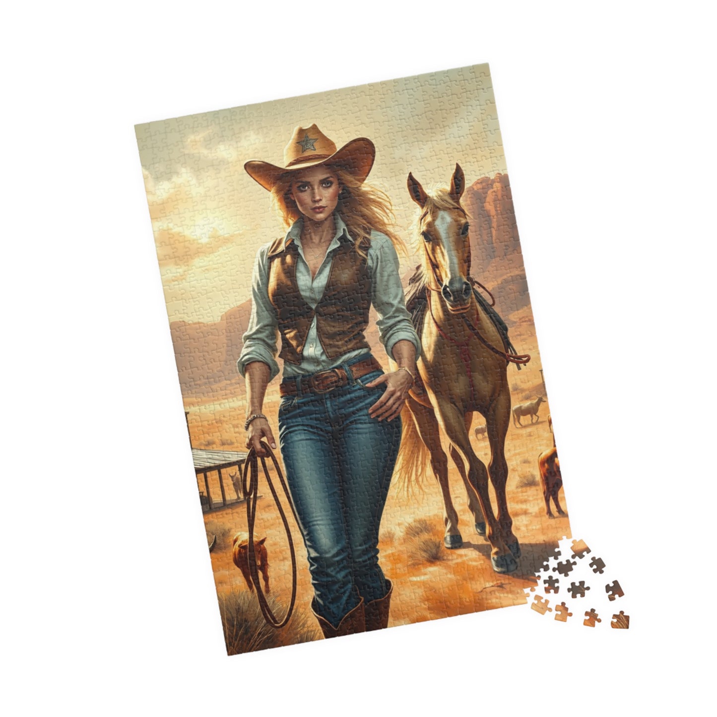 Blonde Cowgirl Puzzle, Palomino Horse Saloon and Grazing Cattle in the Desert, Western Frontier Landscape Jigsaw Game, Puzzle Lover Gift Puzzle The Puzzle Chest