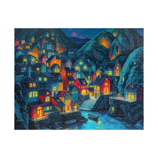 Bioluminescent Village Jigsaw Puzzle - Cinematic Style with Glowing Colors and Dramatic Town Scene 252 pcs (Horizontal) Puzzle The Puzzle Chest