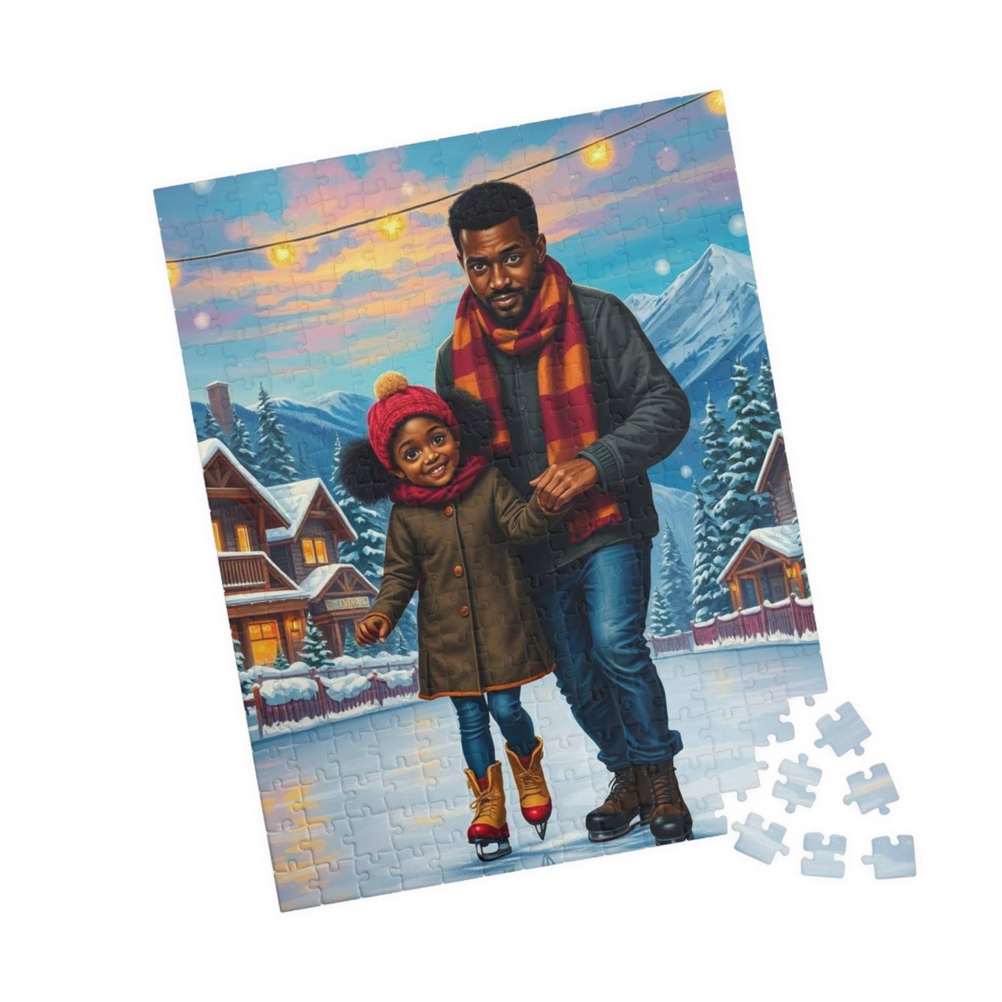 Father and Daughter Ice-skating Trip Jigsaw Puzzle, Afrocentric Artwork, Black Man Art 252 pcs (Vertical) Puzzle The Puzzle Chest