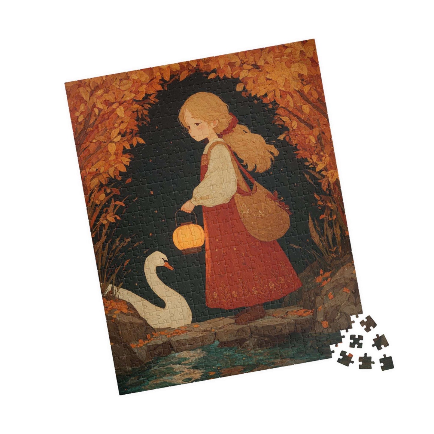 Storybook Autumn Pond Fairy-Tale Jigsaw Puzzle - Girl and Swan, Fall Themed Game for Home Activity, Holiday Gift, Quiet Hobby, Brain Teaser 520 pcs (Vertical) Puzzle The Puzzle Chest