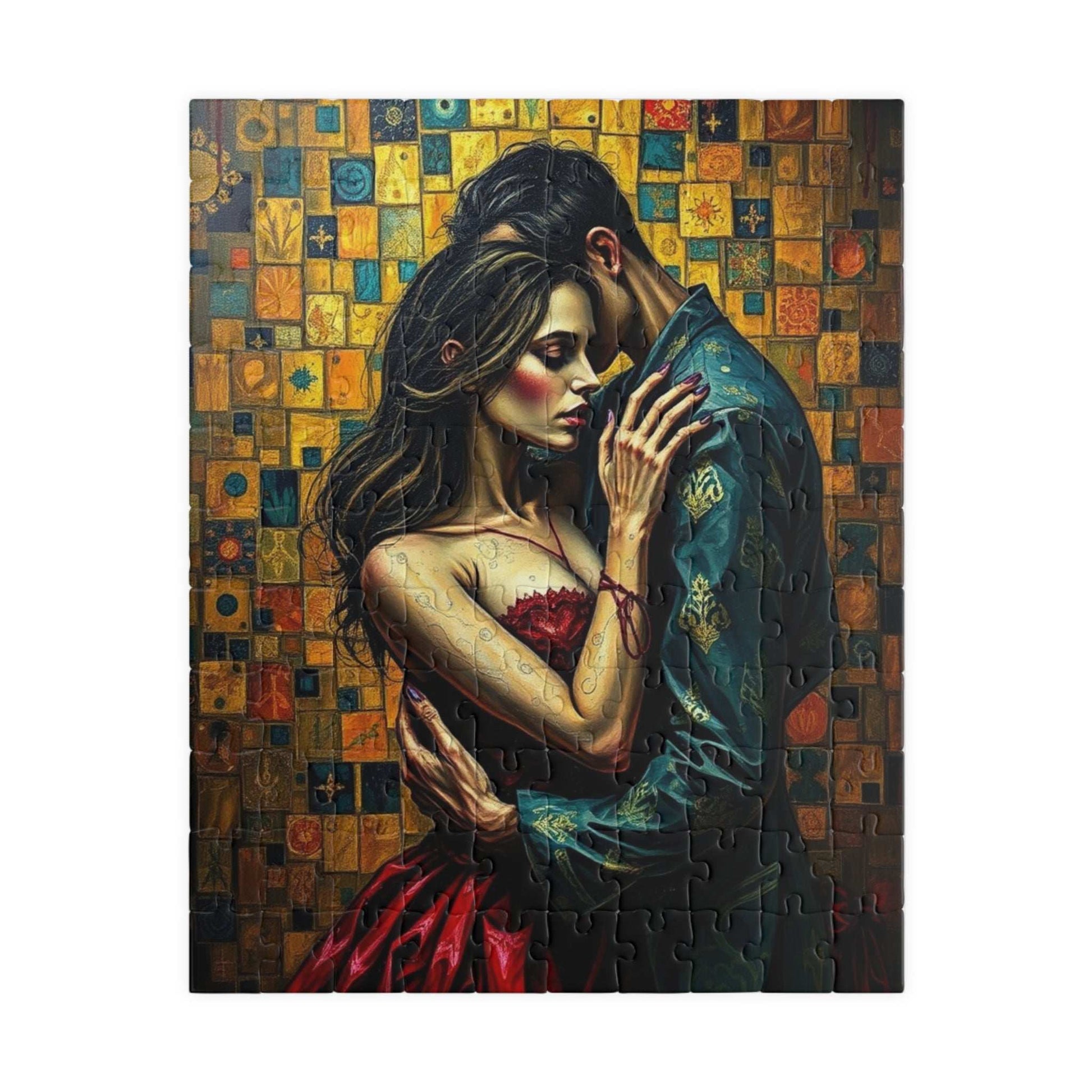 Romantic Embrace Gothic Jigsaw Puzzle, Eerie Couple Hugging Golden Jewel-Toned Patterns, Stress Relief, Unique Dark Art Puzzle Lover Gift 110 pcs (Vertical) Puzzle The Puzzle Chest