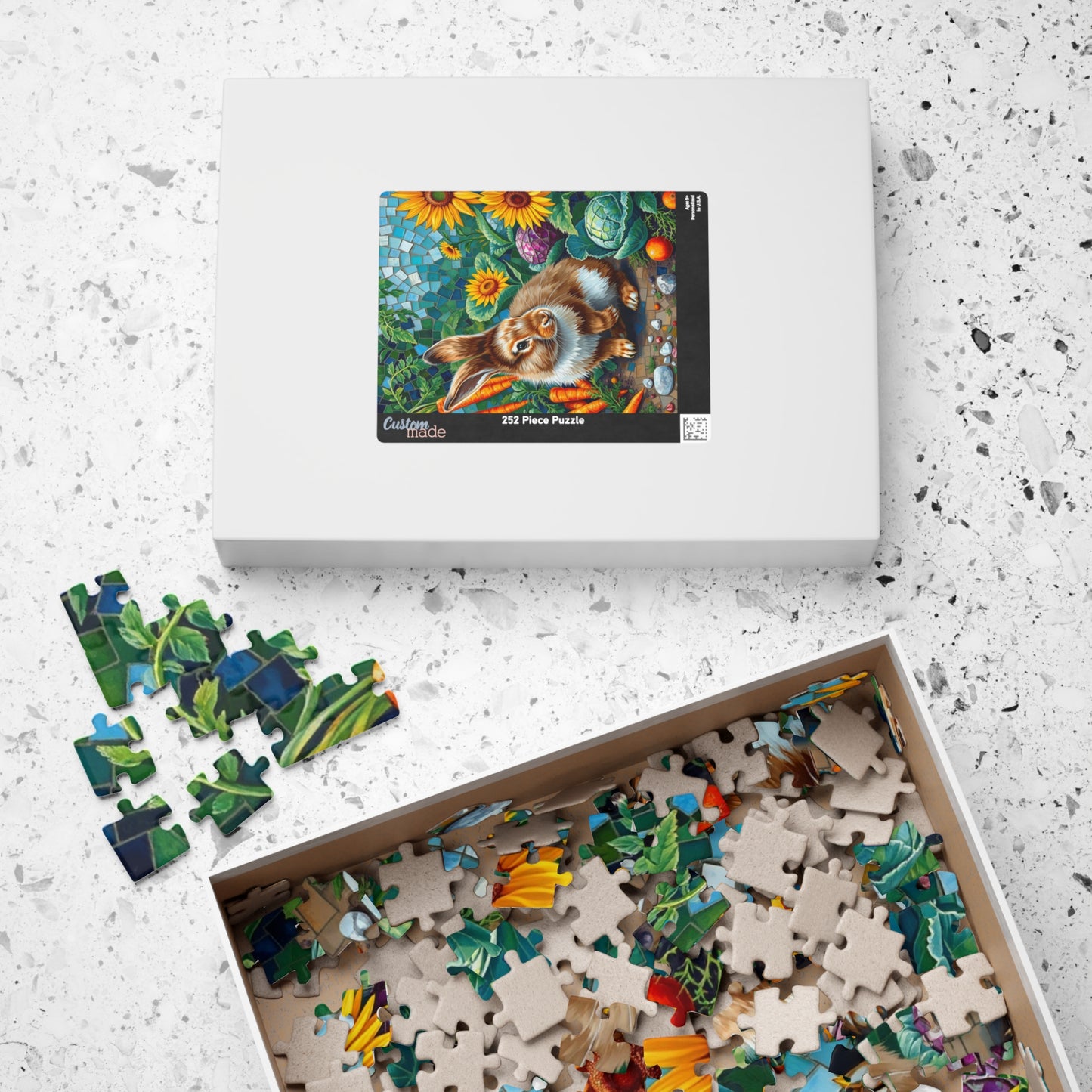 Fluffy Bunny Garden Mosaic Puzzle, Rabbit Near Carrots Cabbage and Sunflowers, Nature Animal Theme Jigsaw Game for Children and Adults, Gift Puzzle The Puzzle Chest