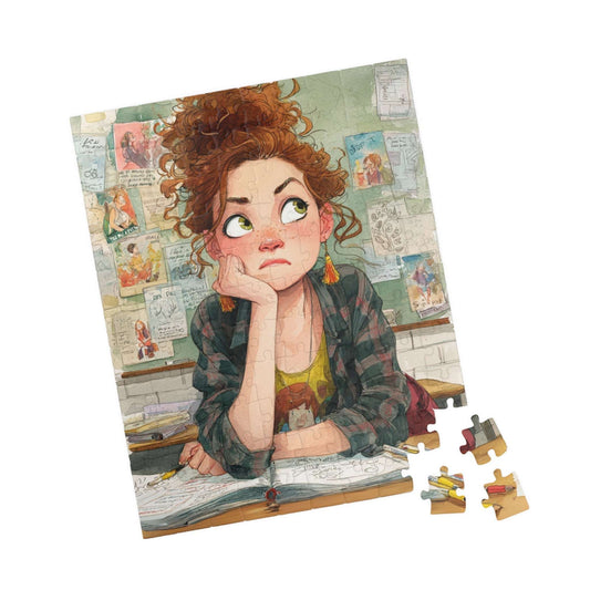 Funny Student Classroom Cartoon Puzzle - Girl at Desk with Whimsical School Background 110 pcs (Vertical) Puzzle The Puzzle Chest