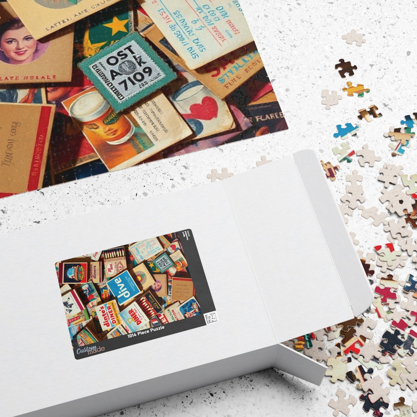 Vintage Matchbook Collage Jigsaw Puzzle, Retro Americana Memorabilia, Old Matchboxes Postcards and Receipts, Mid-Century Diner Motel Designs Puzzle The Puzzle Chest