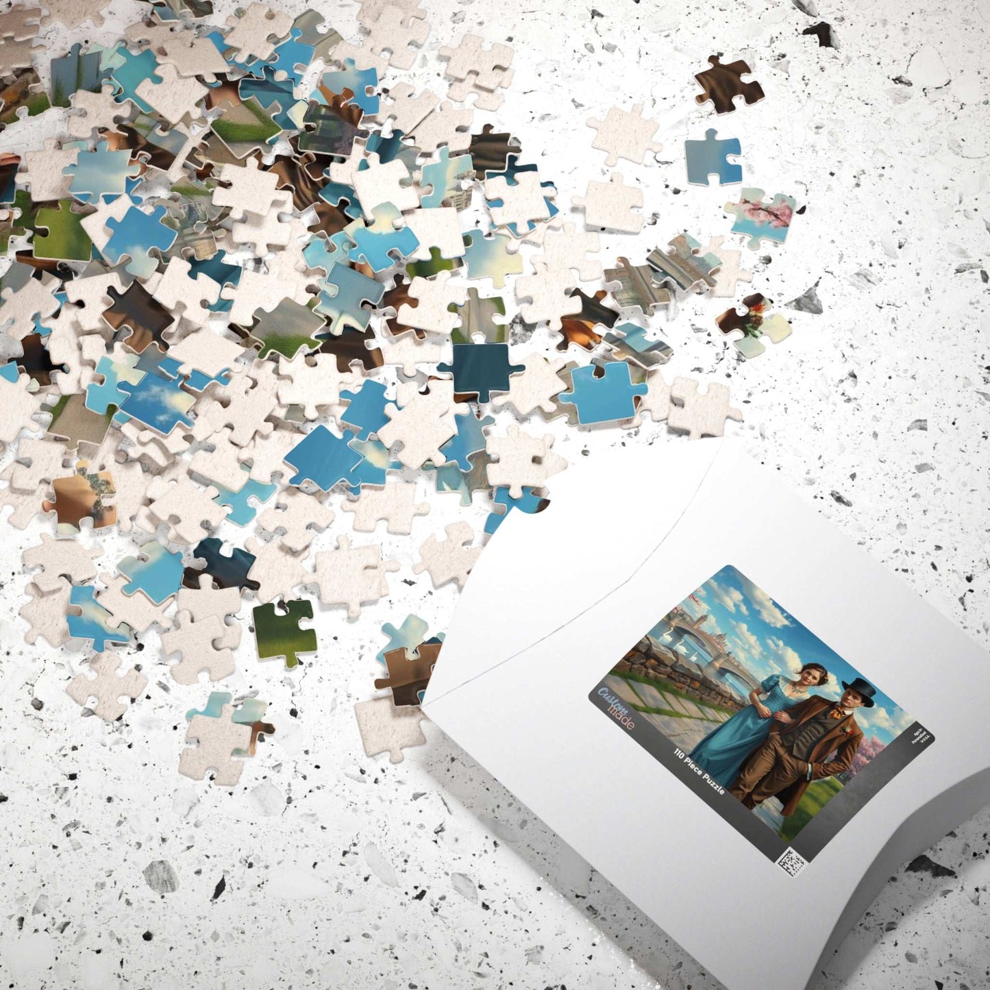 Romantic Stroll by the River - 19th Century Victorian Couple Jigsaw Puzzle with Blossoms, Bridge, and Swans Puzzle The Puzzle Chest