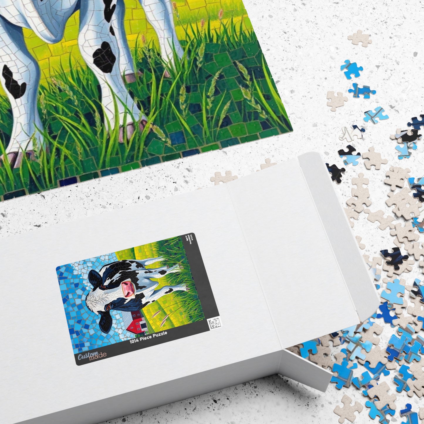 Mosaic Art Cow Jigsaw Puzzle, Peaceful Rural Landscape, Black and White Cow in a Farm Pasture with Red Barn and Blue-Sky Tabletop Game, Gift Puzzle The Puzzle Chest