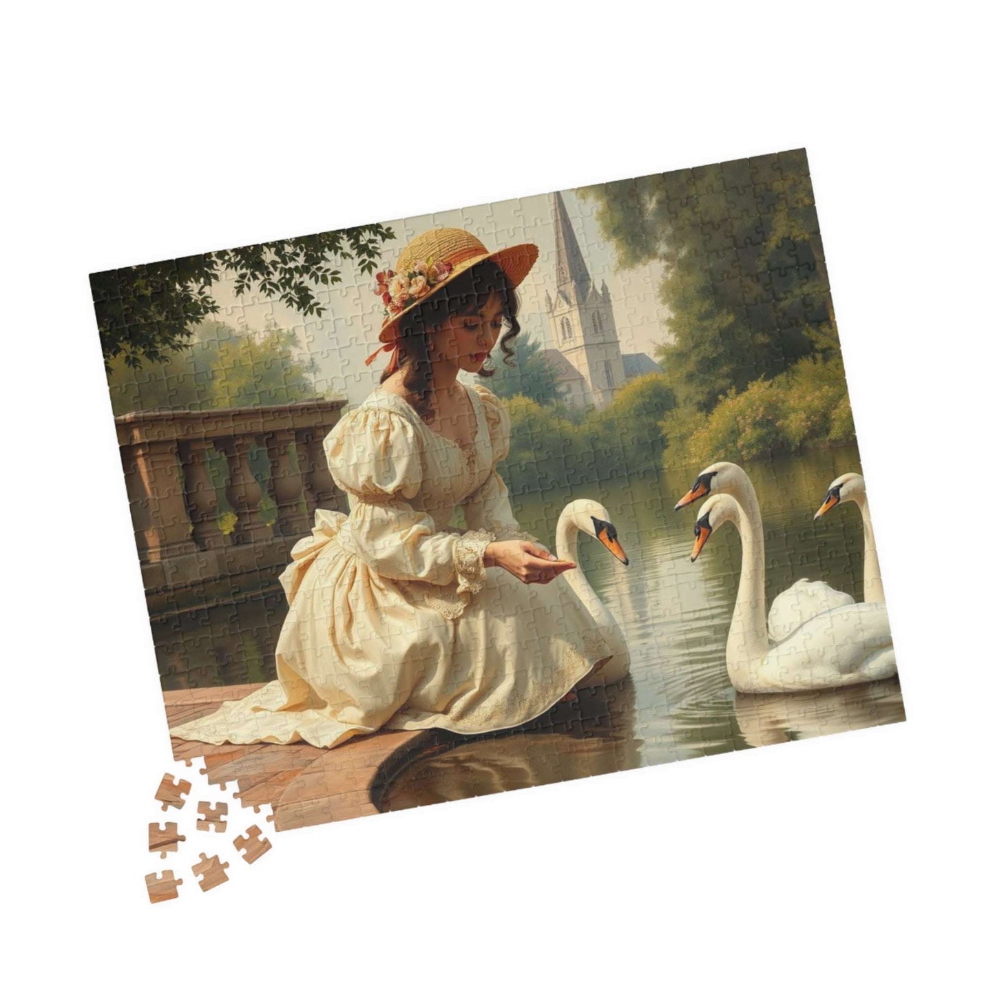 Victorian Lady Feeding Swans by the Pond - Elegant 19th Century Jigsaw Puzzle Scene 520 pcs (Horizontal) Puzzle The Puzzle Chest