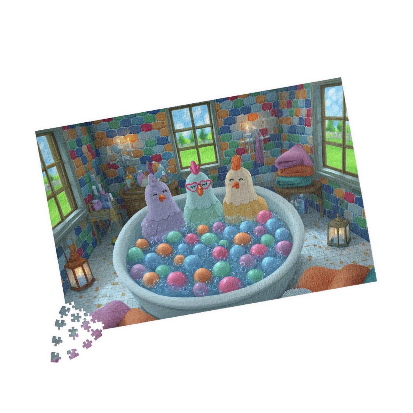 Pastel Chicken Bathhouse Jigsaw Puzzle – Adorable Fairy Tale Chickens Soaking in Rainbow Bubble Tub 1014 pcs (Horizontal) Puzzle The Puzzle Chest