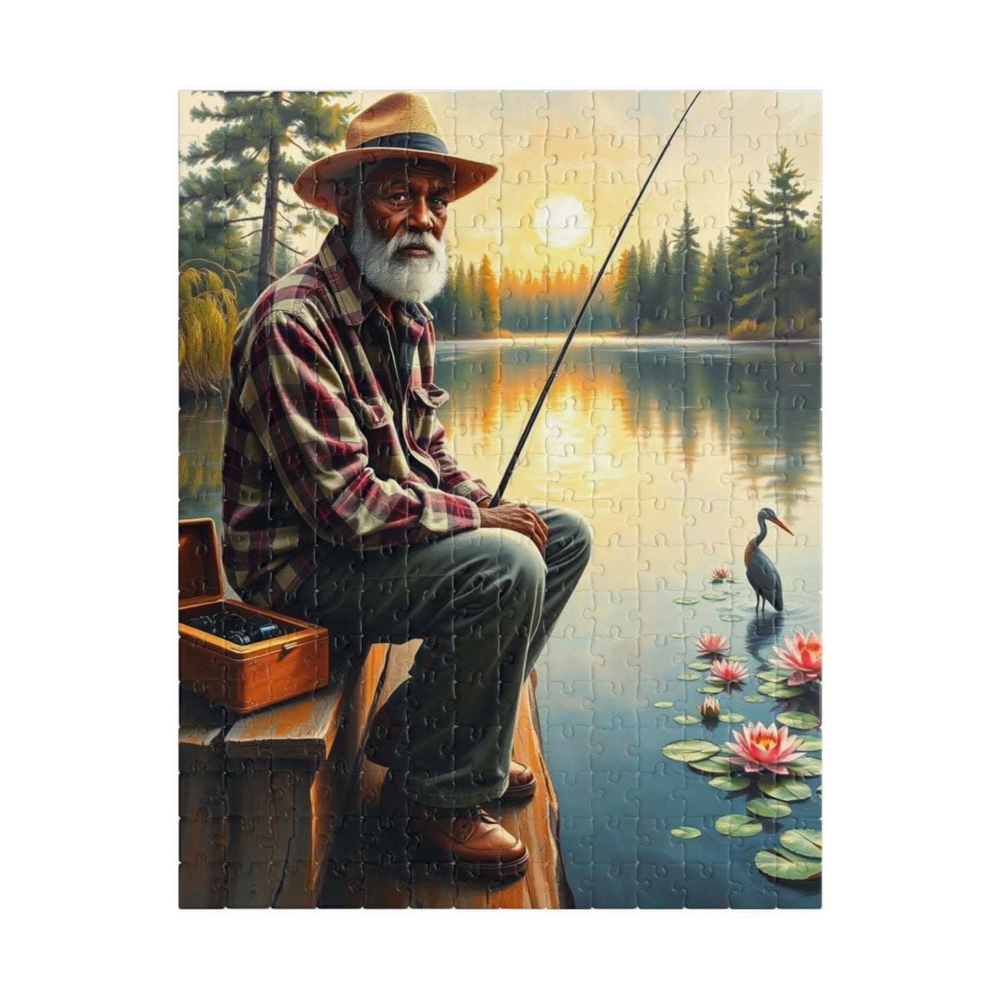 Fishing Scene Jigsaw Puzzle - African American Man, Nature Lover Afrocentric Black Art Gift, Creative Hobby, Family Fun, Father's Day 252 pcs (Vertical) Puzzle The Puzzle Chest
