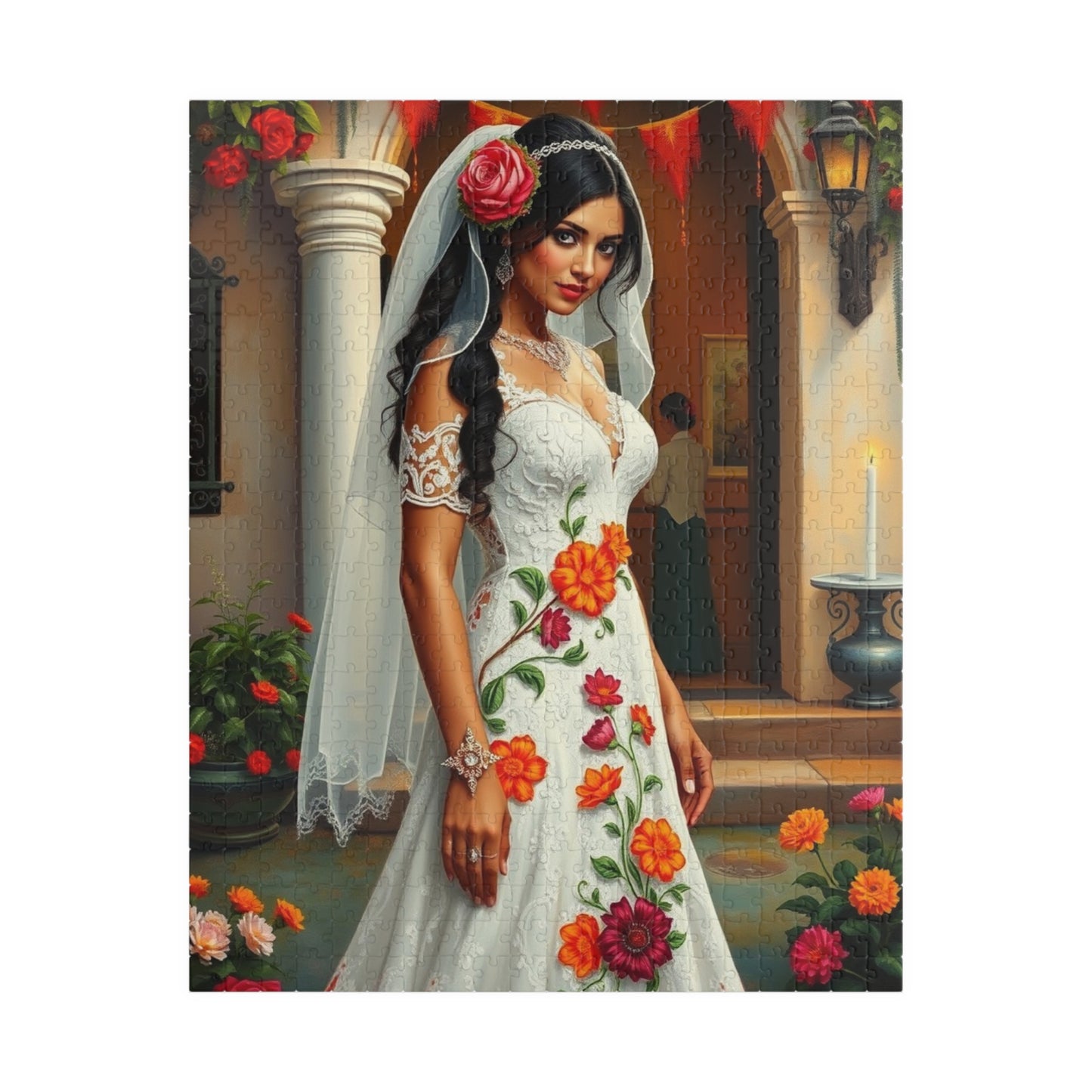 Puzzle - Mexican Bride in Lace Gown, Otomi Flowers Hacienda Candles, 110-1014 Piece Jigsaw, Wedding Dress Design, Cultural Artwork Folklore 520 pcs (Vertical) Puzzle The Puzzle Chest
