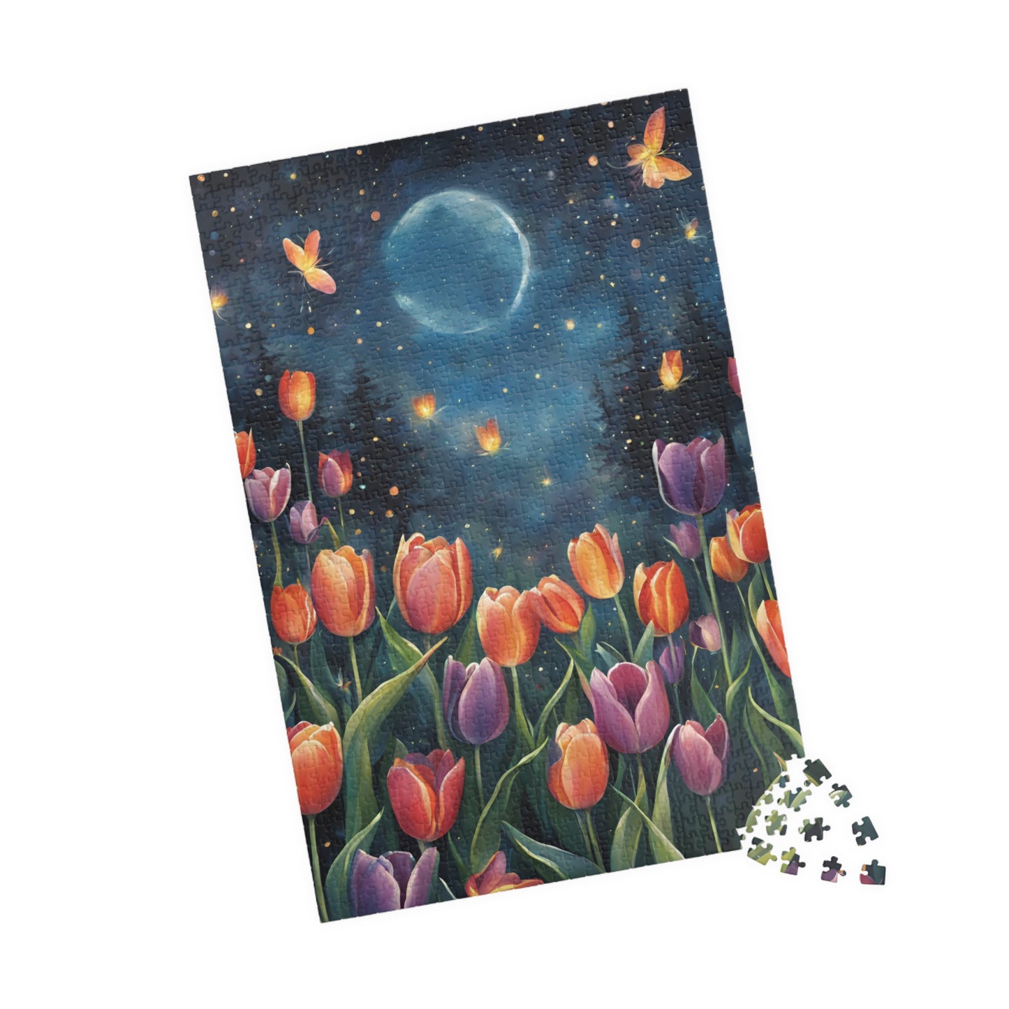 Moonlit Tulip Garden Puzzle, Glowing Tulips and Fireflies Tranquil Night Fantasy Adult Jigsaw Game, Nature-Inspired Gift for Puzzle Fanatic Puzzle The Puzzle Chest