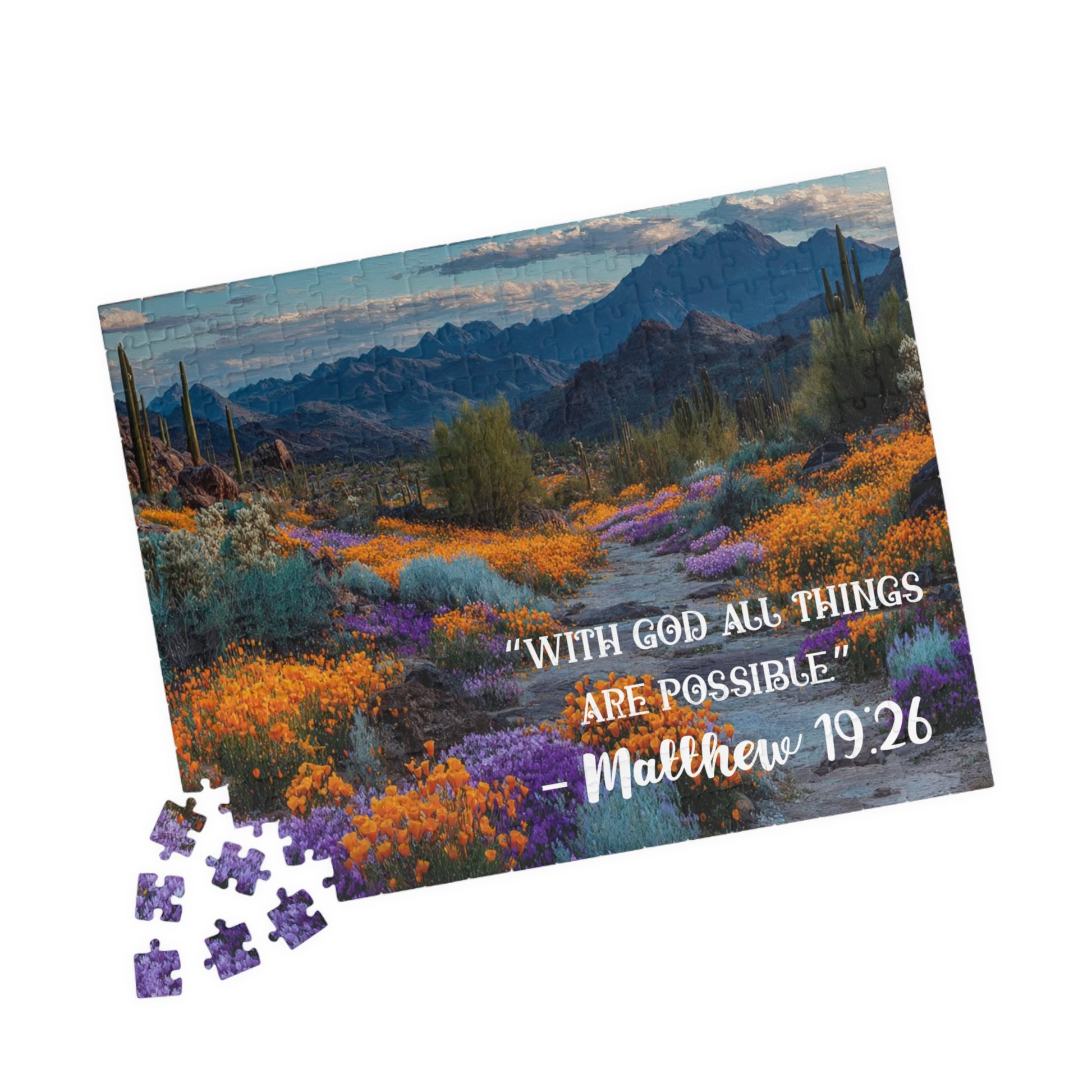 Blooming Desert Jigsaw Puzzle, Inspirational Puzzle Featuring Matthew 19:26 252 pcs (Horizontal) Puzzle The Puzzle Chest