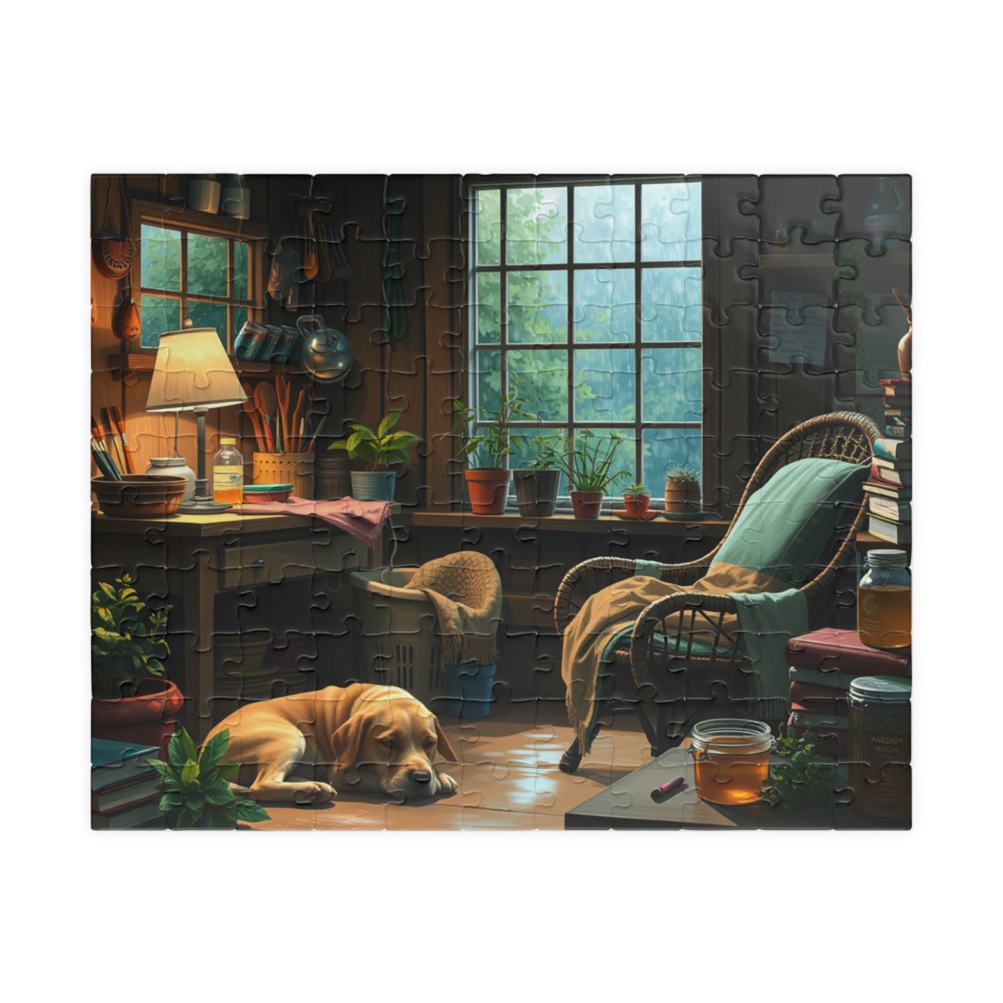 Jigsaw Puzzle, Cozy Garden Workshop Interior with Dog, Hobby Activity, Relaxing Pastime, Indoor Entertainment, Mindful Meditation, Stress