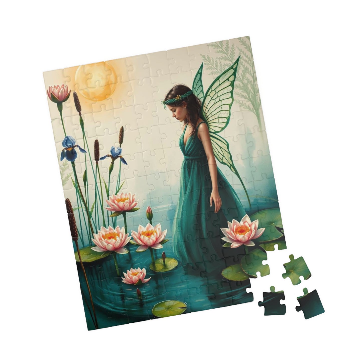 Fairy at the Lily Pond Jigsaw Puzzle - Botanical Fantasy Art in Soft Sage, 110-1014 Piece Mystical Nature Lover Gift, Family Fun Activity