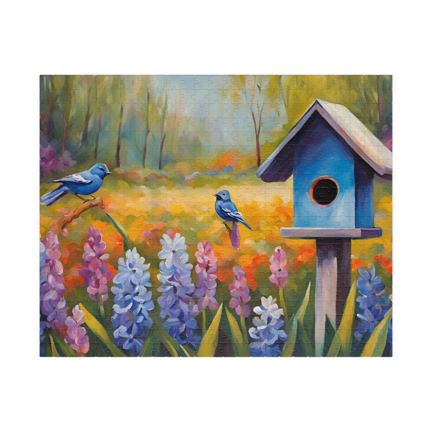 Jigsaw Puzzle, Charming Wooden Birdhouse Surrounded by Blooming Hyacinths and Birds, Mindfulness Activity, Indoor Entertainment, Family 520 pcs (Horizontal) Puzzle The Puzzle Chest