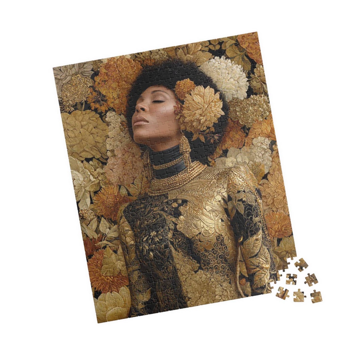Melanin Majesty Afrocentric Art Jigsaw Puzzle - Black Woman Beauty with Natural Hair and Floral Patterns 520 pcs (Vertical) Puzzle The Puzzle Chest