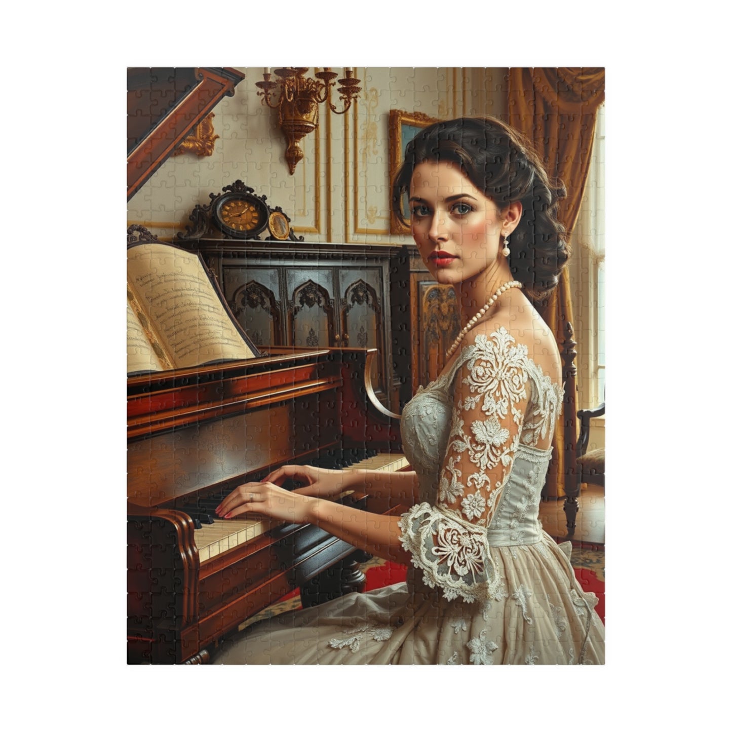 Victorian Woman Art Jigsaw Puzzle (110-1014 Piece), Vintage Drawing Room, Lady Playing Piano in Lace and Pearl Gown, Art Enthusiast Gift 520 pcs (Vertical) Puzzle The Puzzle Chest
