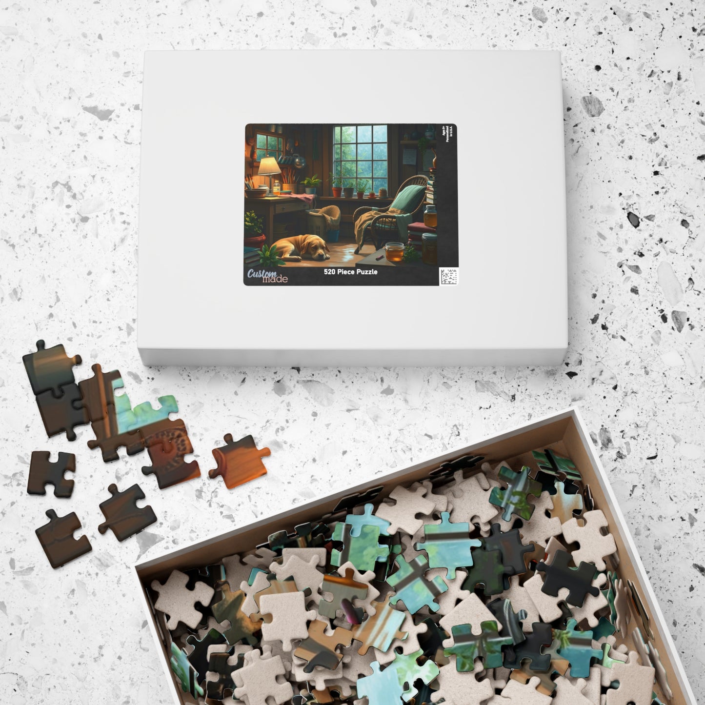Jigsaw Puzzle, Cozy Garden Workshop Interior with Dog, Hobby Activity, Relaxing Pastime, Indoor Entertainment, Mindful Meditation, Stress