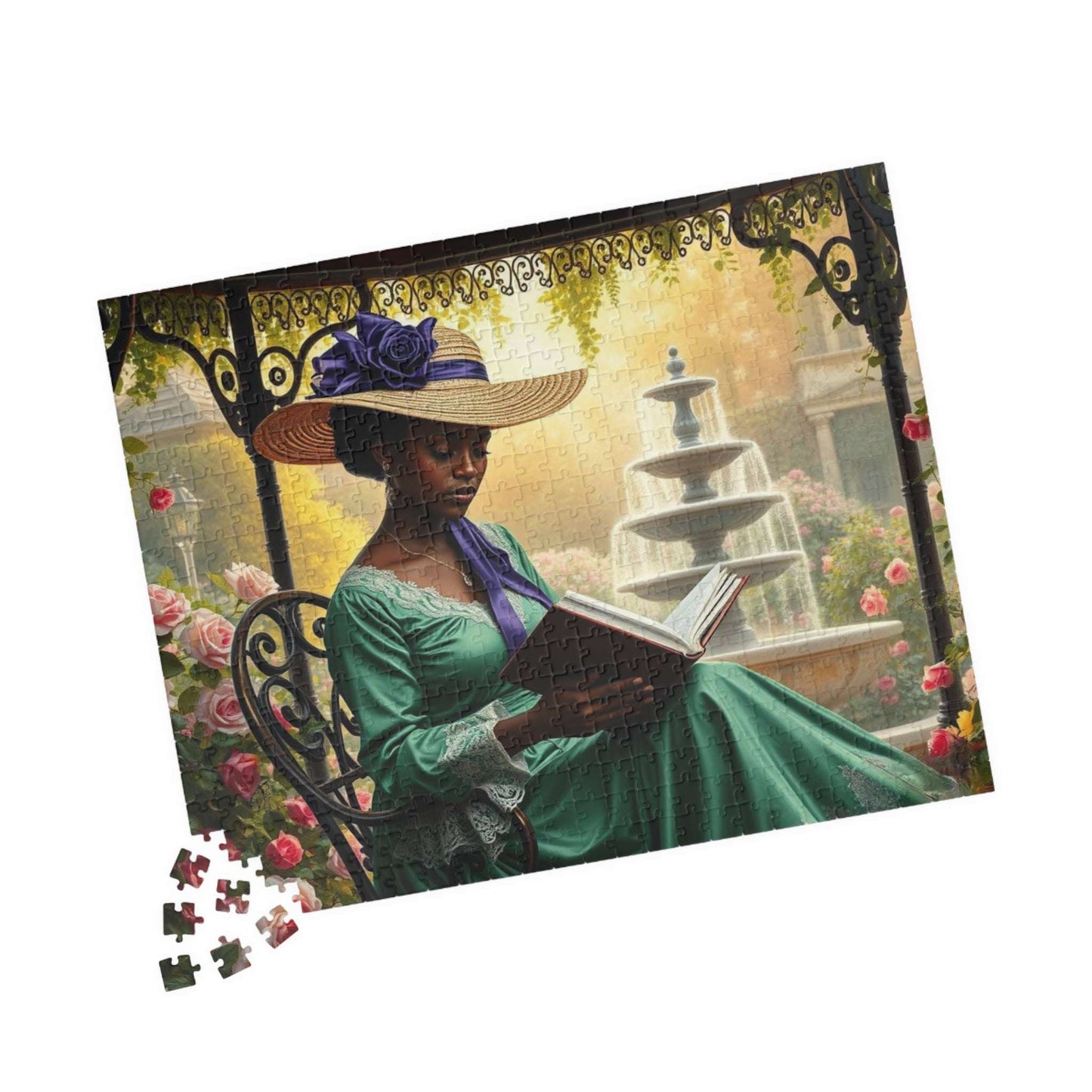Black Victorian Scholar Jigsaw Puzzle, Afro Woman Reading in Flower Garden, Afrocentric Art 520 pcs (Horizontal) Puzzle The Puzzle Chest
