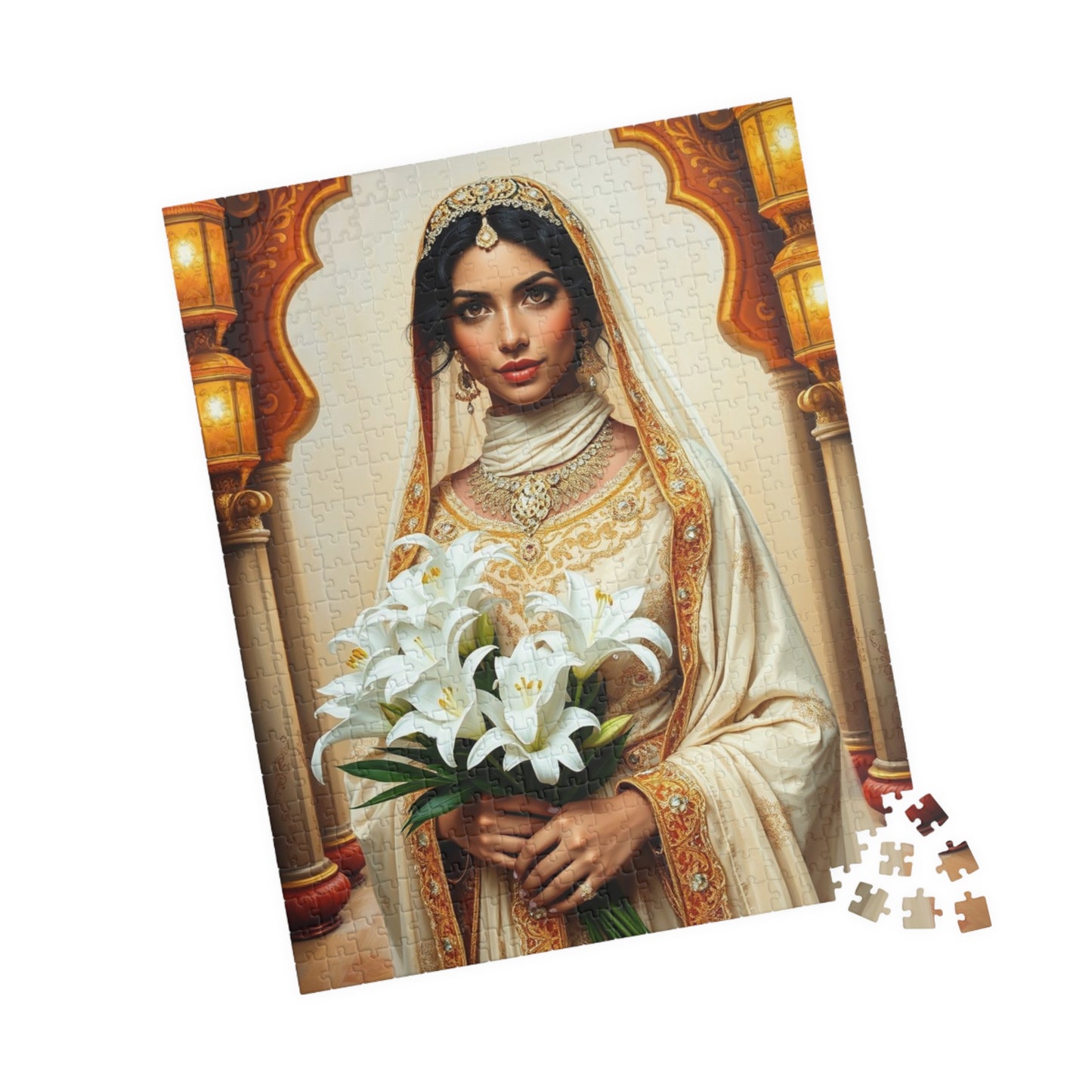 Middle Eastern Bride Puzzle with Gold Ivory Kaftan and Lanterns, Family Friendly Wedding Jigsaw Game, Mindful Activity, Puzzle Lover Gift Puzzle The Puzzle Chest