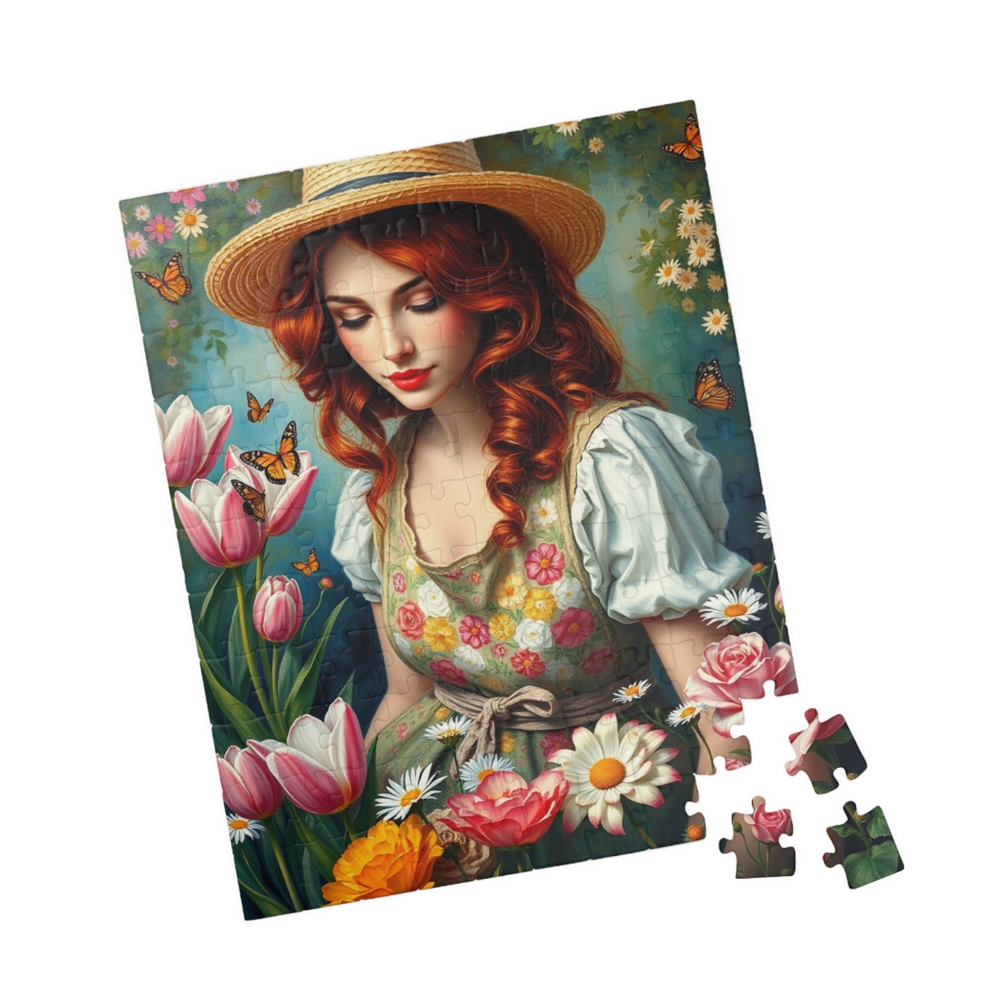 Jigsaw Puzzle, Woman Gardening Among Tulips, Daisies, Roses - 110, 252, 520, 1014-piece, Floral Apron, Straw Hat, Red Hair, Relaxing Puzzle The Puzzle Chest