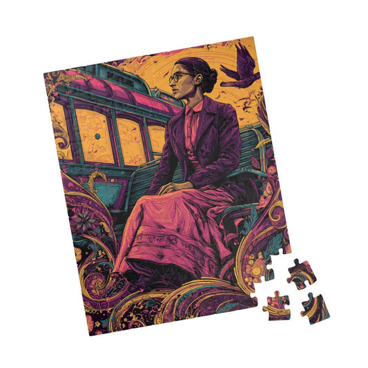 Rosa Parks Afrocentric Jigsaw Puzzle - Civil Rights Historical Black Figure Art with Ornate Floral Motifs and Bus Scene, Black Woman Art 110 pcs (Vertical) Puzzle The Puzzle Chest