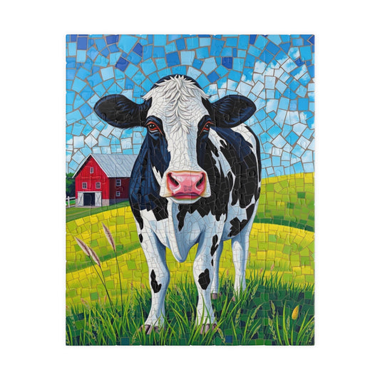 Mosaic Art Cow Jigsaw Puzzle, Peaceful Rural Landscape, Black and White Cow in a Farm Pasture with Red Barn and Blue-Sky Tabletop Game, Gift 110 pcs (Vertical) Puzzle The Puzzle Chest