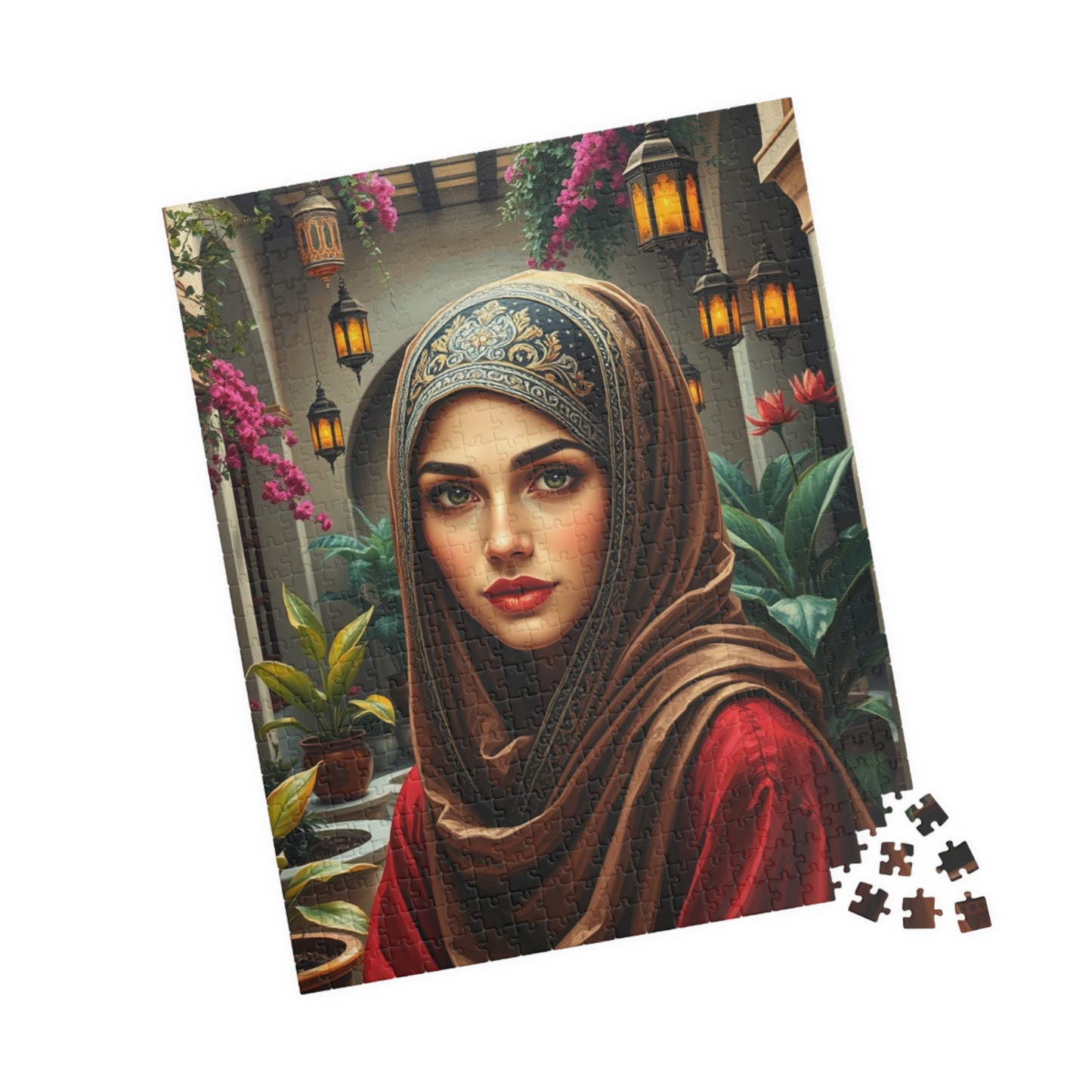 Middle Eastern Cultural Art Jigsaw Puzzle, Woman in Hijab Courtyard Scene, Hanging Lanterns Vibrant Plants, Puzzle Enthusiast Art Lover Gift Puzzle The Puzzle Chest