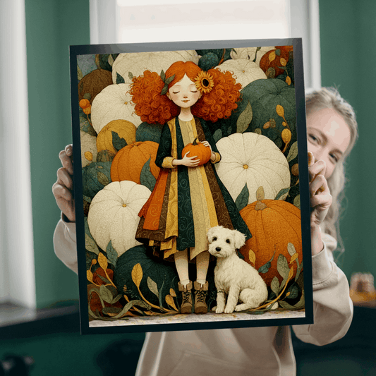 Red-Haired Girl and White Terrier in a Storybook Pumpkin Patch Fairy-Tale Jigsaw Puzzle Puzzle The Puzzle Chest