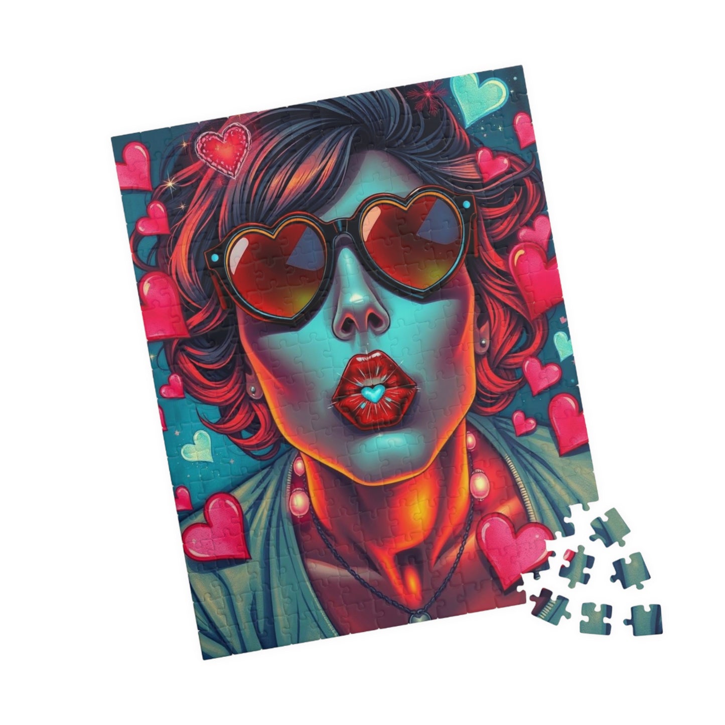 Hearts and Kisses Jigsaw Puzzle, Woman Blowing a Kiss, Comic Pop Art Nostalgic Game for Fun Gathering, Gift for Puzzle Lover, Family Night