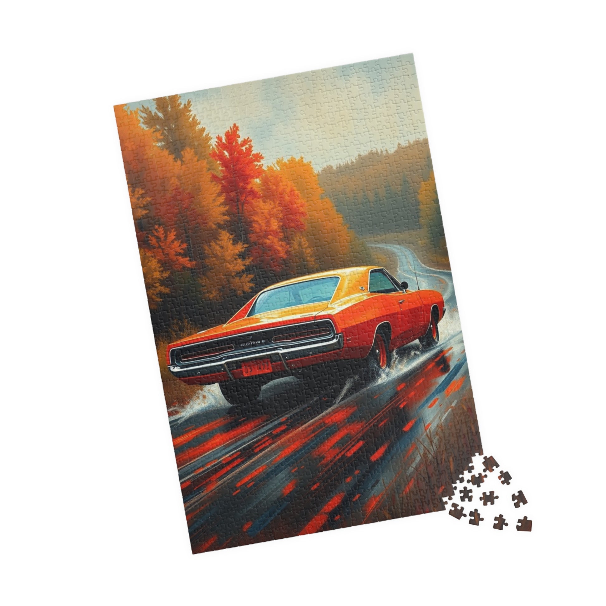 Vintage Car Puzzle - Classic 1969 Charger, Autumn Road Trip Scene Puzzle The Puzzle Chest
