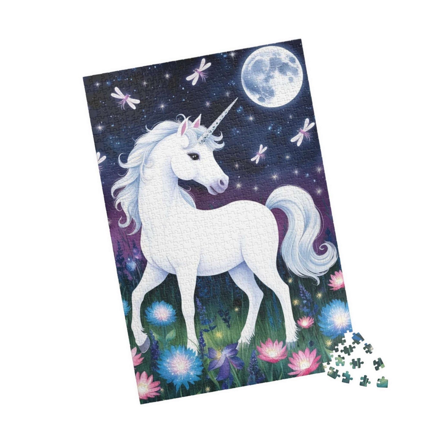 Jigsaw Puzzle, White Unicorn in Meadow, 1000 Piece, Luminous Flowers, Fun Family Activity, Relaxation Toy, Home Decor, Gift Idea, Unicorn Puzzle The Puzzle Chest