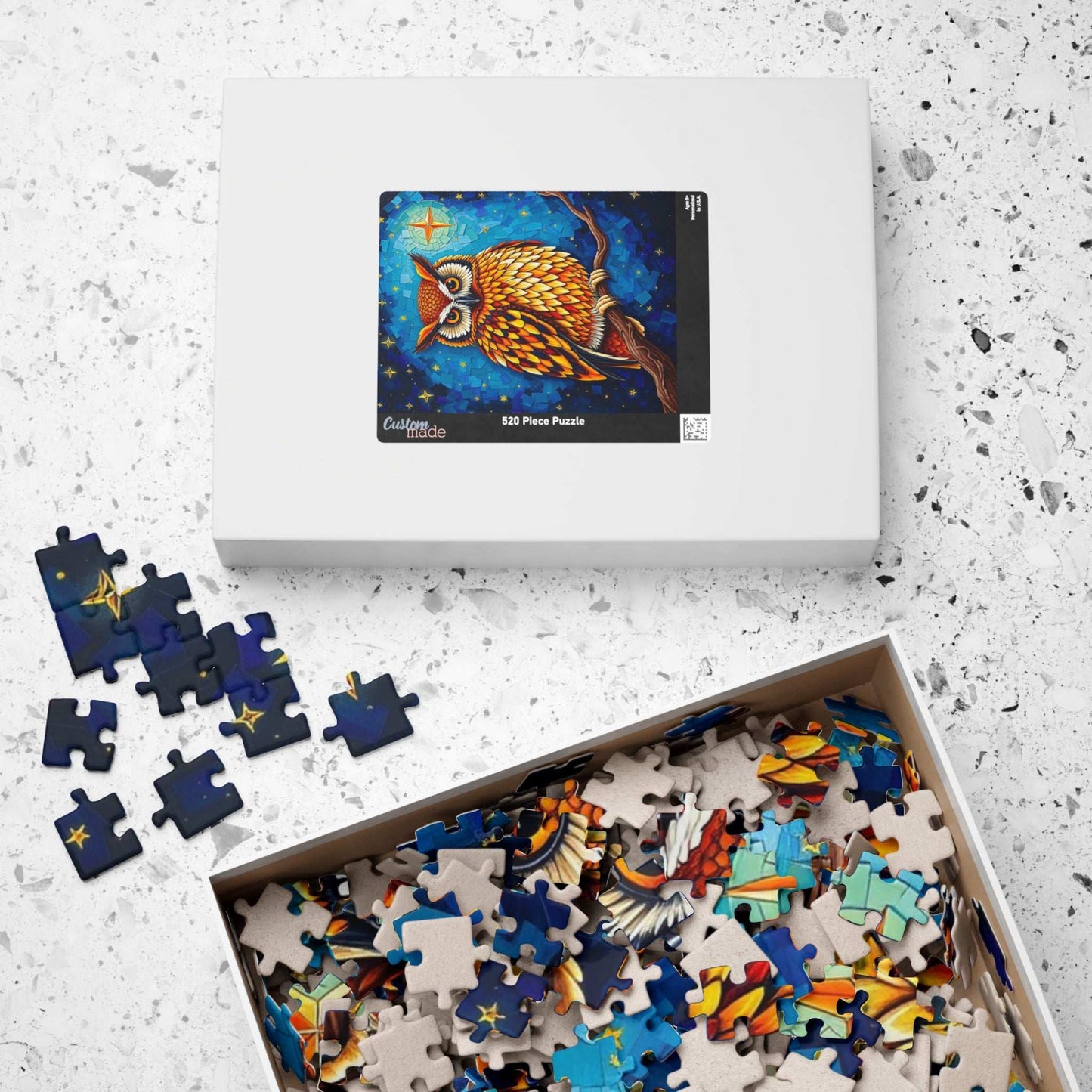 Mosaic Wise Owl Jigsaw Puzzle, Hooter Night Bird Perched on Tree Branch, Starry Sky Background, 110-1014 Piece, Animal Lover Gift, Mindful Puzzle The Puzzle Chest