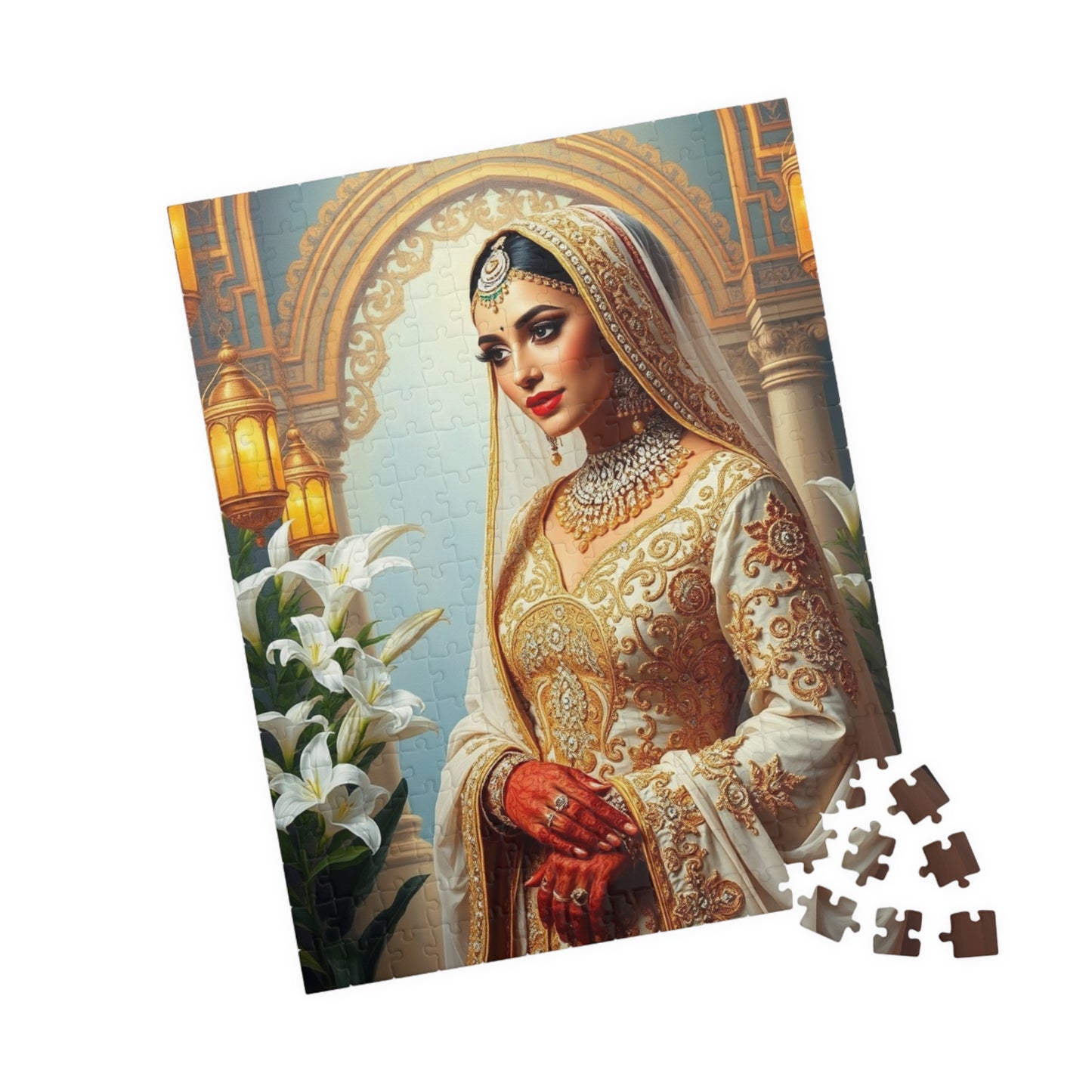Middle Eastern Bride Puzzle with Gold Ivory Kaftan and Lanterns, Family Friendly Wedding Jigsaw Game, Mindful Activity, Puzzle Lover Gift Puzzle The Puzzle Chest