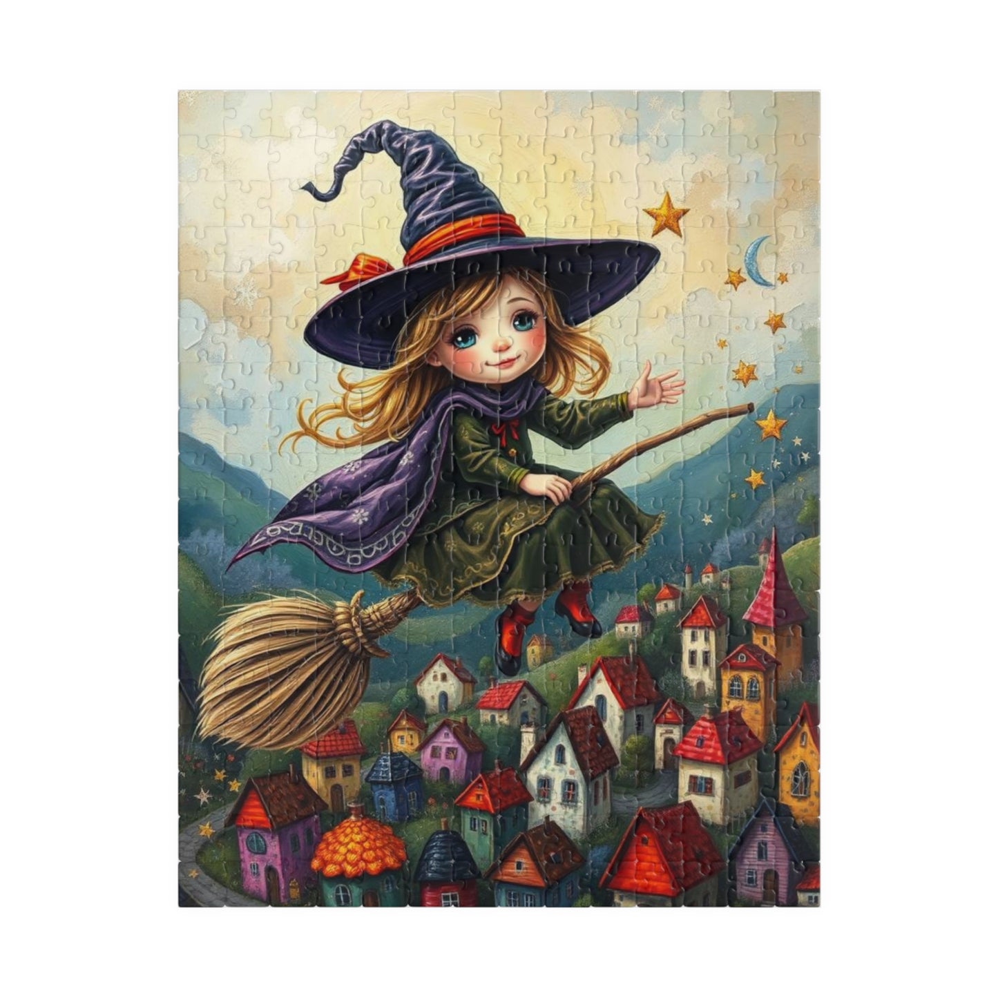 Friendly Flying Folklore - Whimsical Halloween Witch Jigsaw Puzzle, Folk Art Gift for Adult Puzzle Lover Family Game Night Indoor Activity