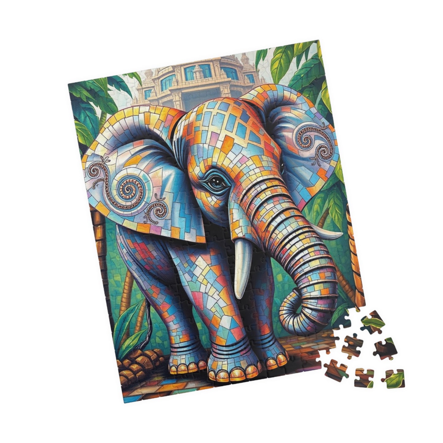 Majestic Mosaic Elephant Jigsaw Puzzle, Unique Mosaic Tile Artwork in a Jungle Setting, Challenging Animal Puzzle for Adults, Unique Gift Puzzle The Puzzle Chest
