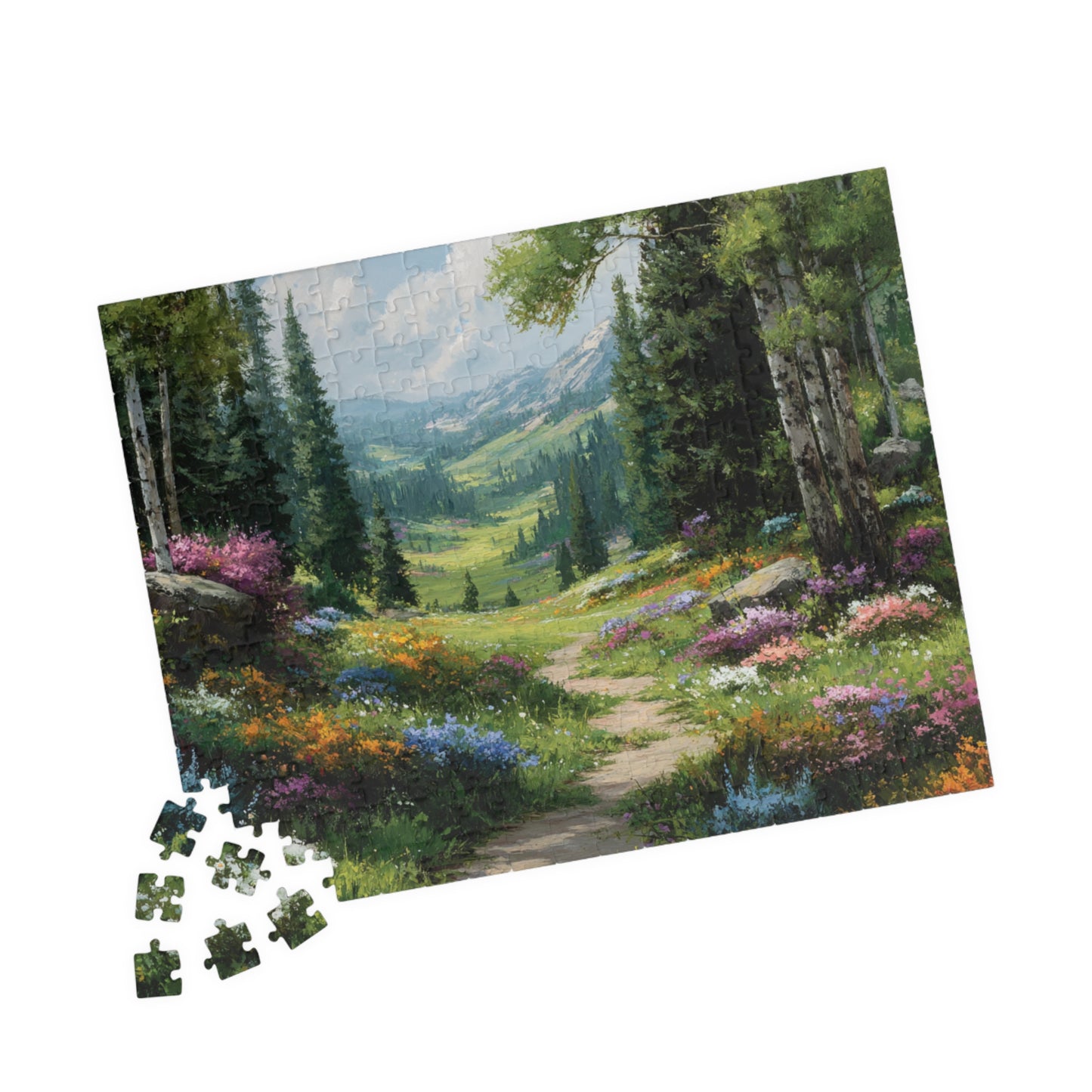 Spring Forest Path Jigsaw Puzzle – Sunlit Wildflower Meadow, Nature Inspired Floral Landscape 252 pcs (Horizontal) Puzzle The Puzzle Chest