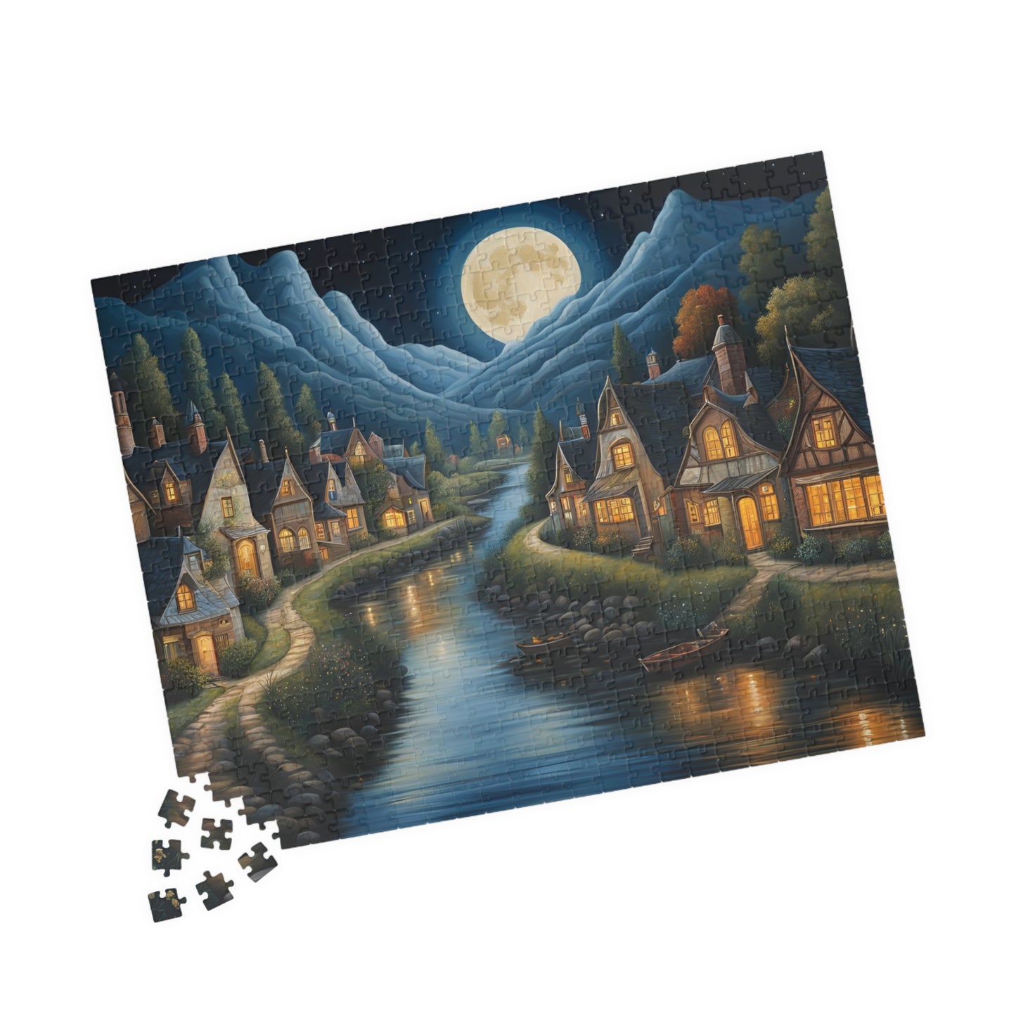 Nordic Night Village Puzzle, Serene Moonlit River Landscape, Cozy Scandinavian River Town Jigsaw Game, Mindfulness Gift for Puzzle Lover The Puzzle Chest