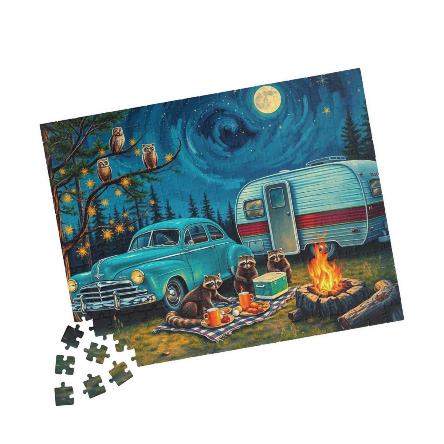 Cozy Camping Jigsaw Puzzle with Raccoons and Owls, Solo Fun or Family Game, Nature Vibes, Holiday Birthday Gift for Friends, 110-1014-piece Puzzle The Puzzle Chest