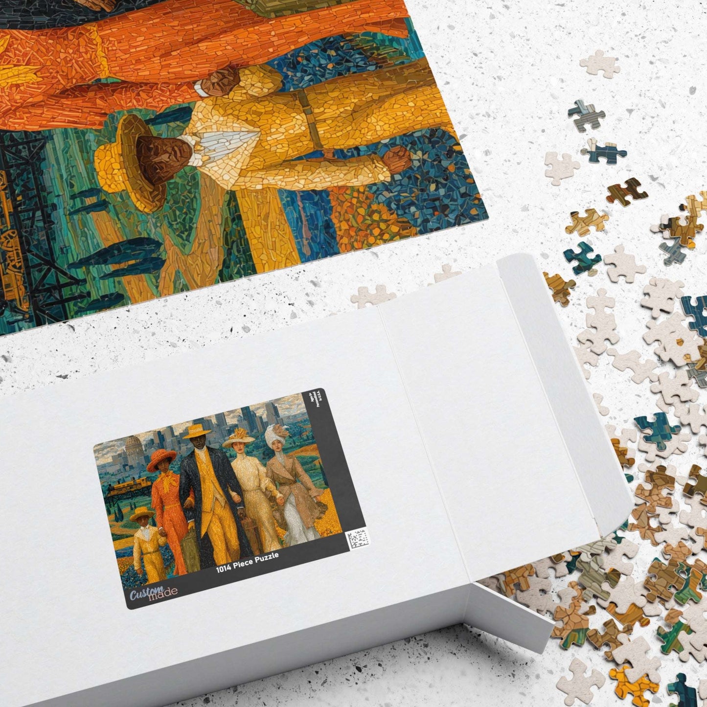 Afrocentric Jigsaw Puzzle - African American Migration Scene with Families, Fields & Urban Background Puzzle The Puzzle Chest