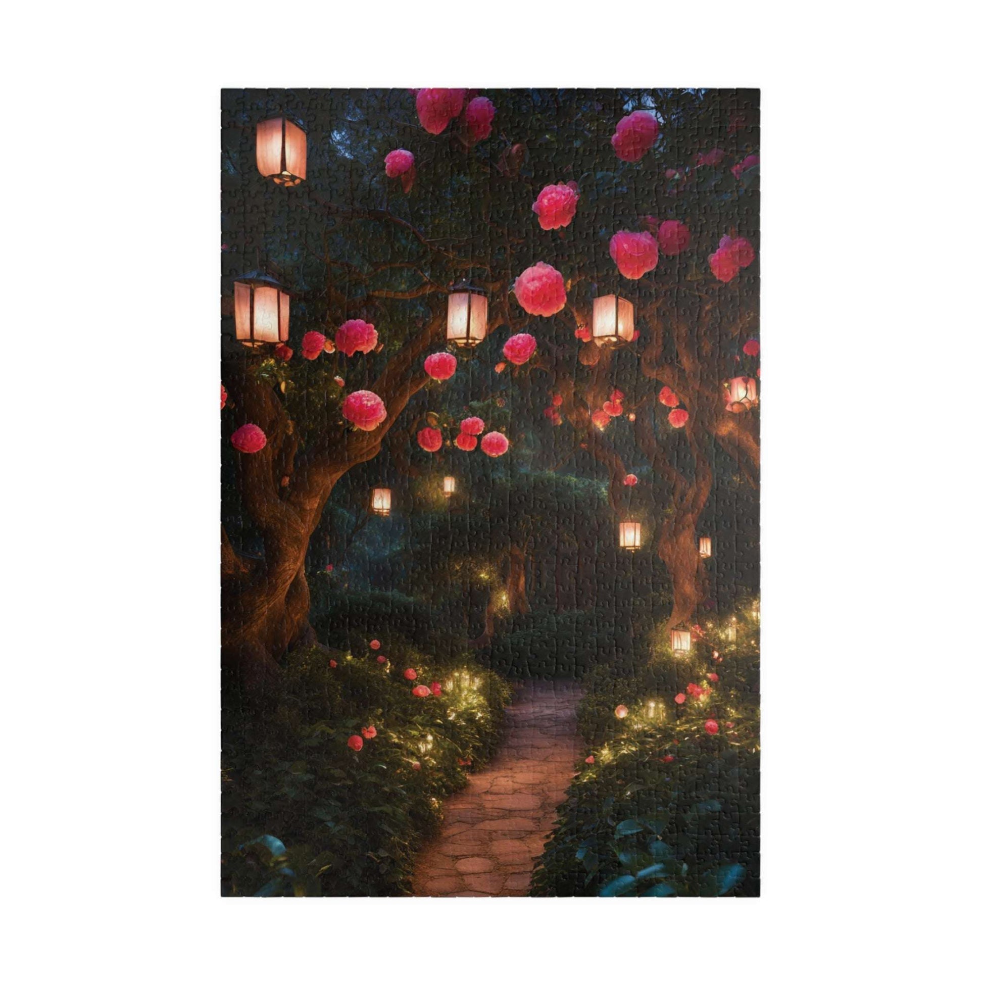 Camellia Flowers Nighttime Puzzle, Tranquil Lantern-Lit Floral Scene, Cozy and Relaxing Jigsaw Game for Adults, Ideal Nature Lover Gift 1014 pcs (Vertical) Puzzle The Puzzle Chest