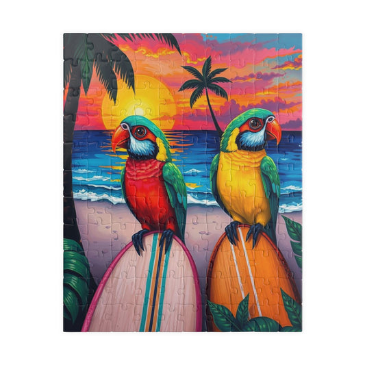 Sunset Perch Jigsaw Puzzle - Tropical Parrots Beach Scene, Colorful Bird Art Puzzle Gift for Animal Lover, Fun Family Activity, Summer Decor 110 pcs (Vertical) Puzzle The Puzzle Chest