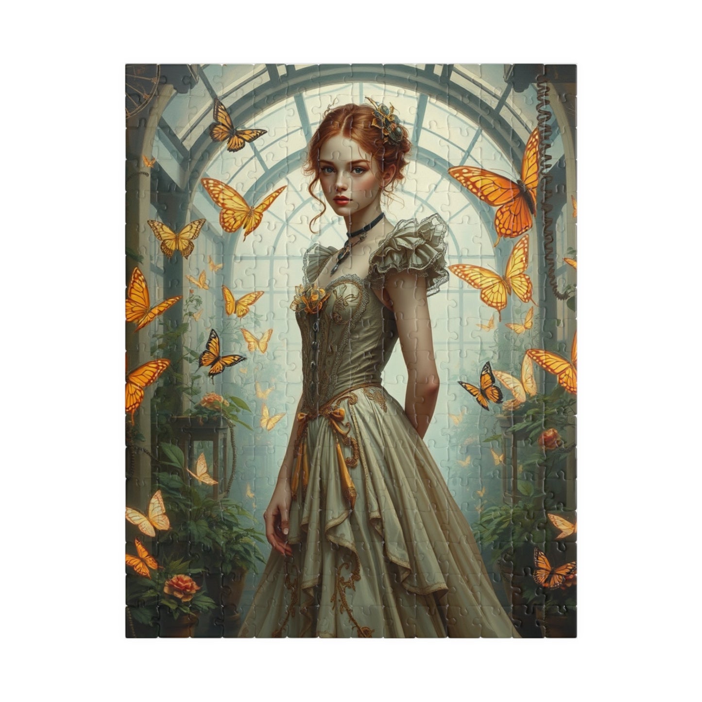 Puzzle, Steampunk Woman Futuristic Greenhouse Mechanical Butterflies Plants, 110 252 520 1014-Piece, Family Jigsaw Game Activity, Giftable 252 pcs (Vertical) Puzzle The Puzzle Chest