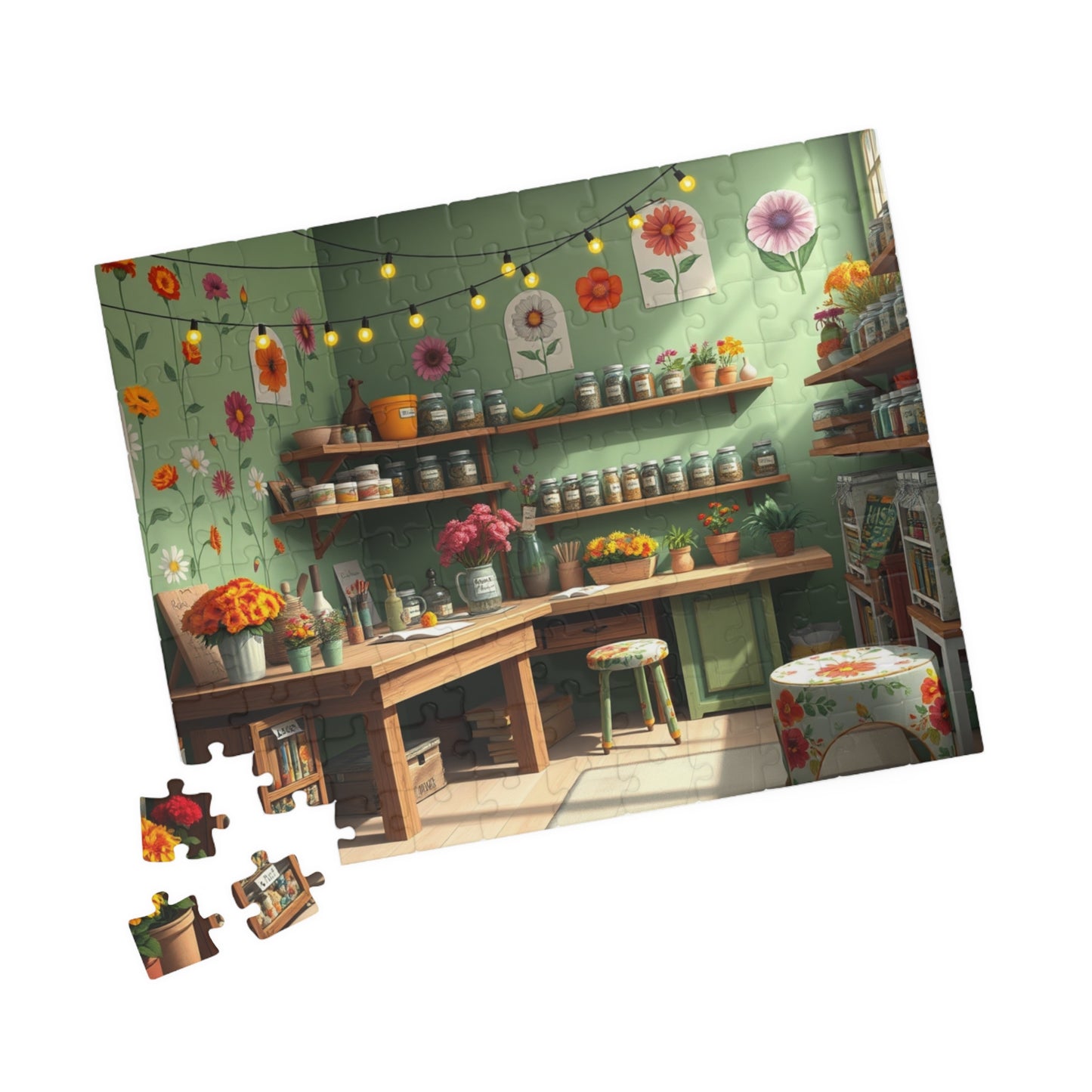 Country Garden Workshop Puzzle (110-1014 Piece), Colorful Flower Illustrations Sage Green Walls and String Lights, Plant Enthusiast Gift Puzzle The Puzzle Chest